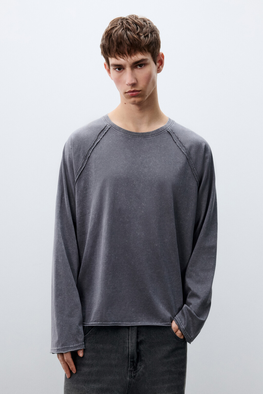 Лонгслив вареный с открытыми срезами - цвет серый - 3