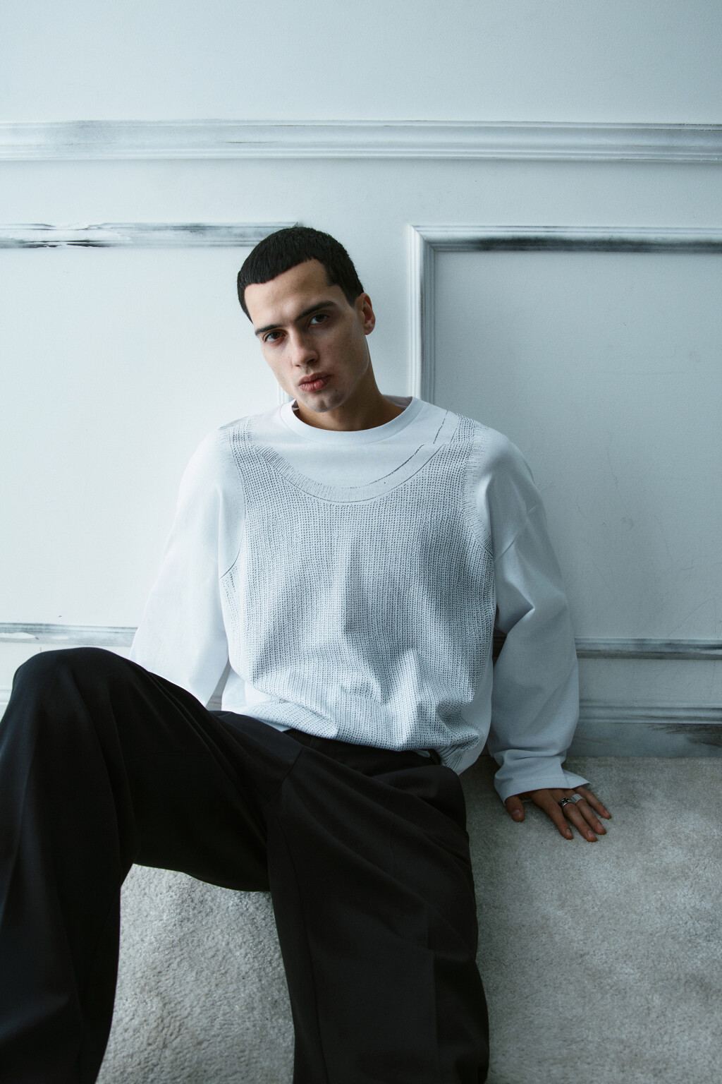 Лонгслив хлопковый с принтом - цвет белый - 1