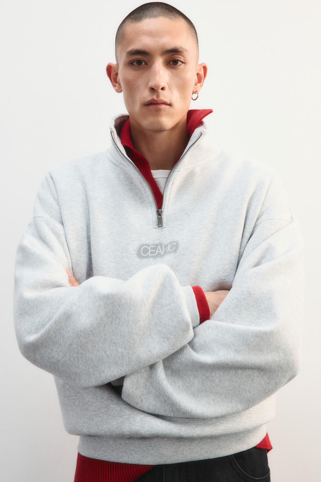 Худи с воротником на молнии и принтом - цвет серый - 1