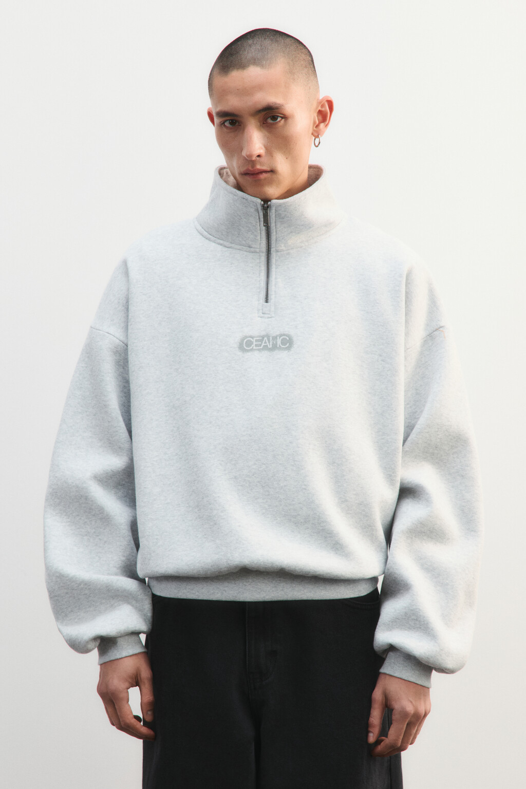 Худи с воротником на молнии и принтом - цвет серый - 2