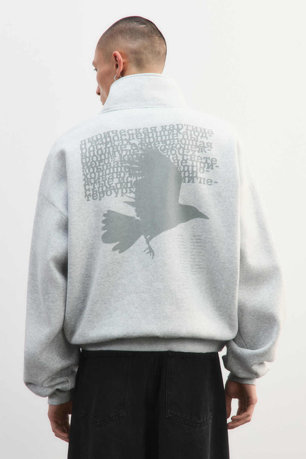 Худи с воротником на молнии и принтом - цвет серый - 3