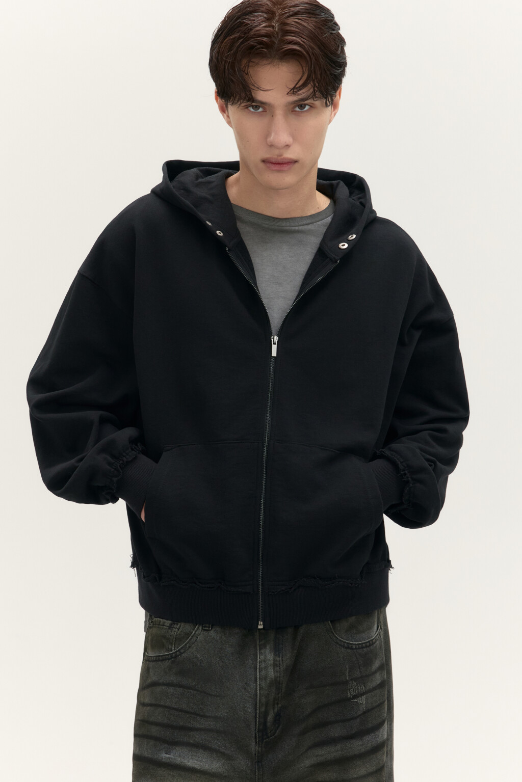 Худи-зипка из футера с капюшоном - цвет черный - 1