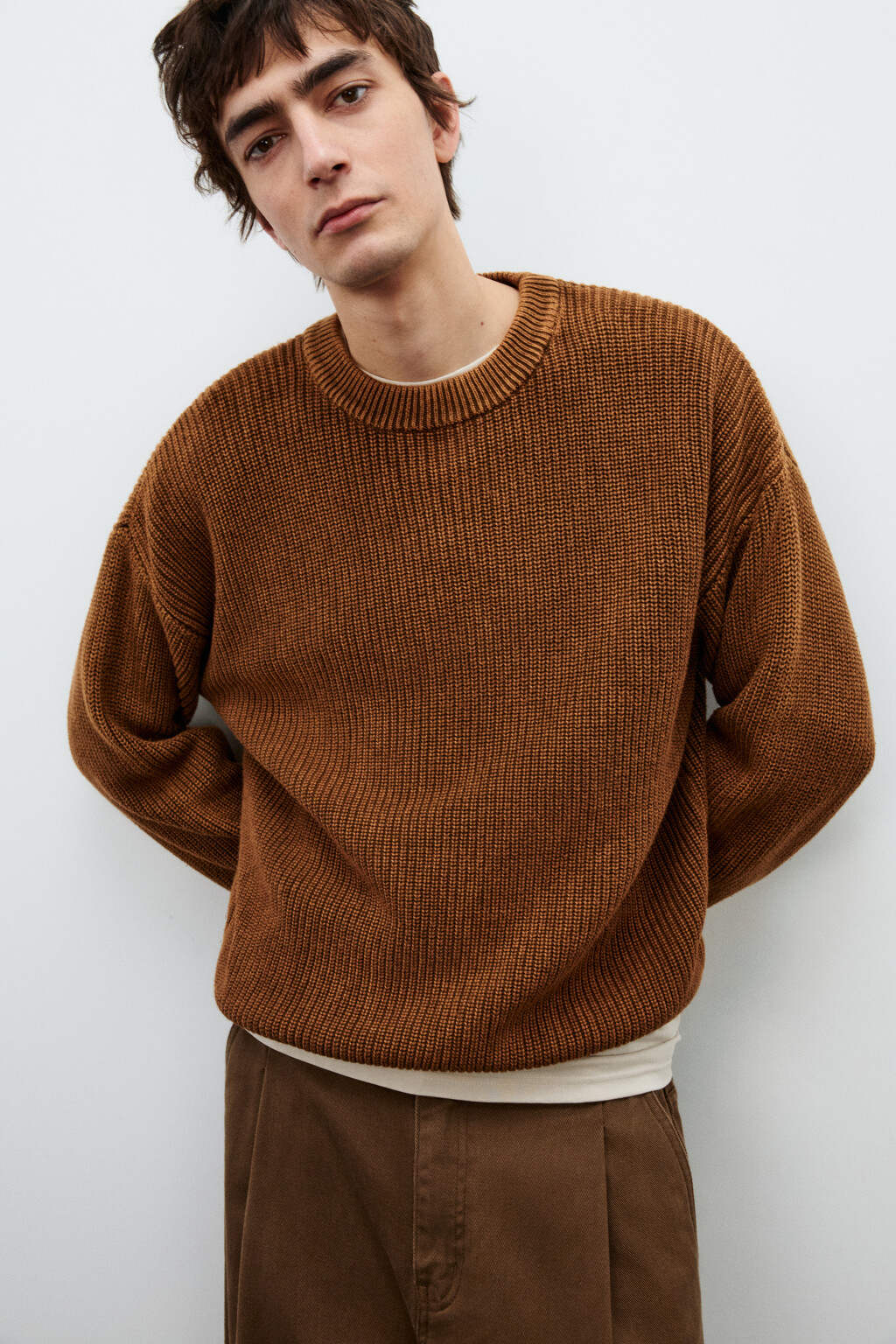 Джемпер вязаный с вареным эффектом - цвет коричневый - 2