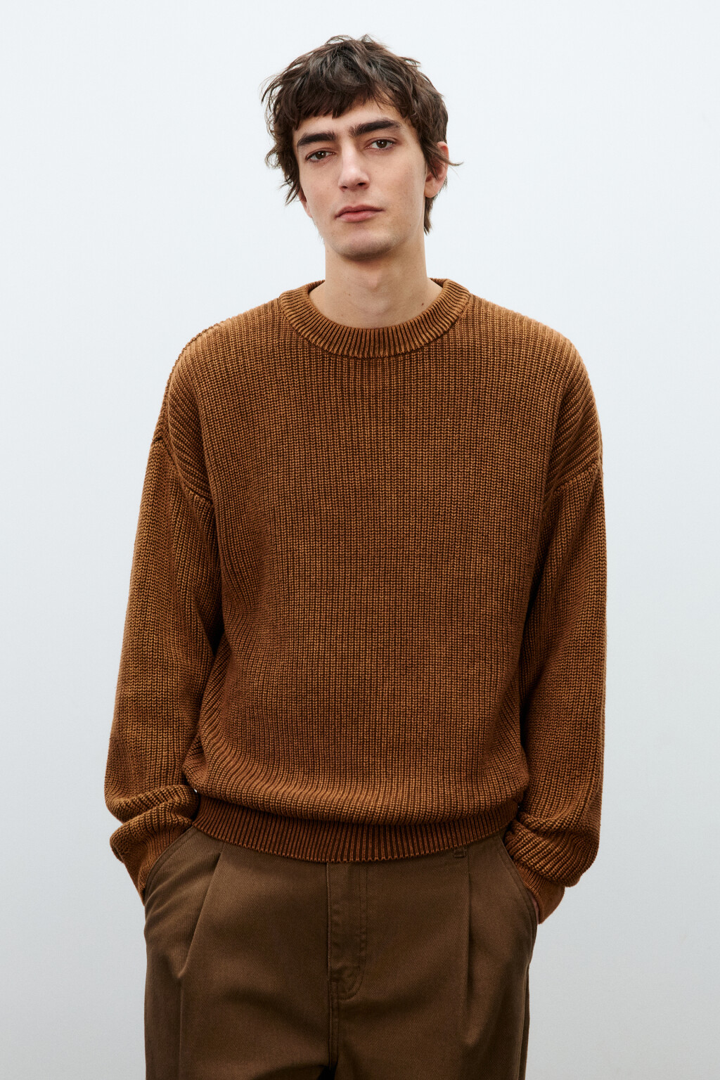 Джемпер вязаный с вареным эффектом - цвет коричневый - 3