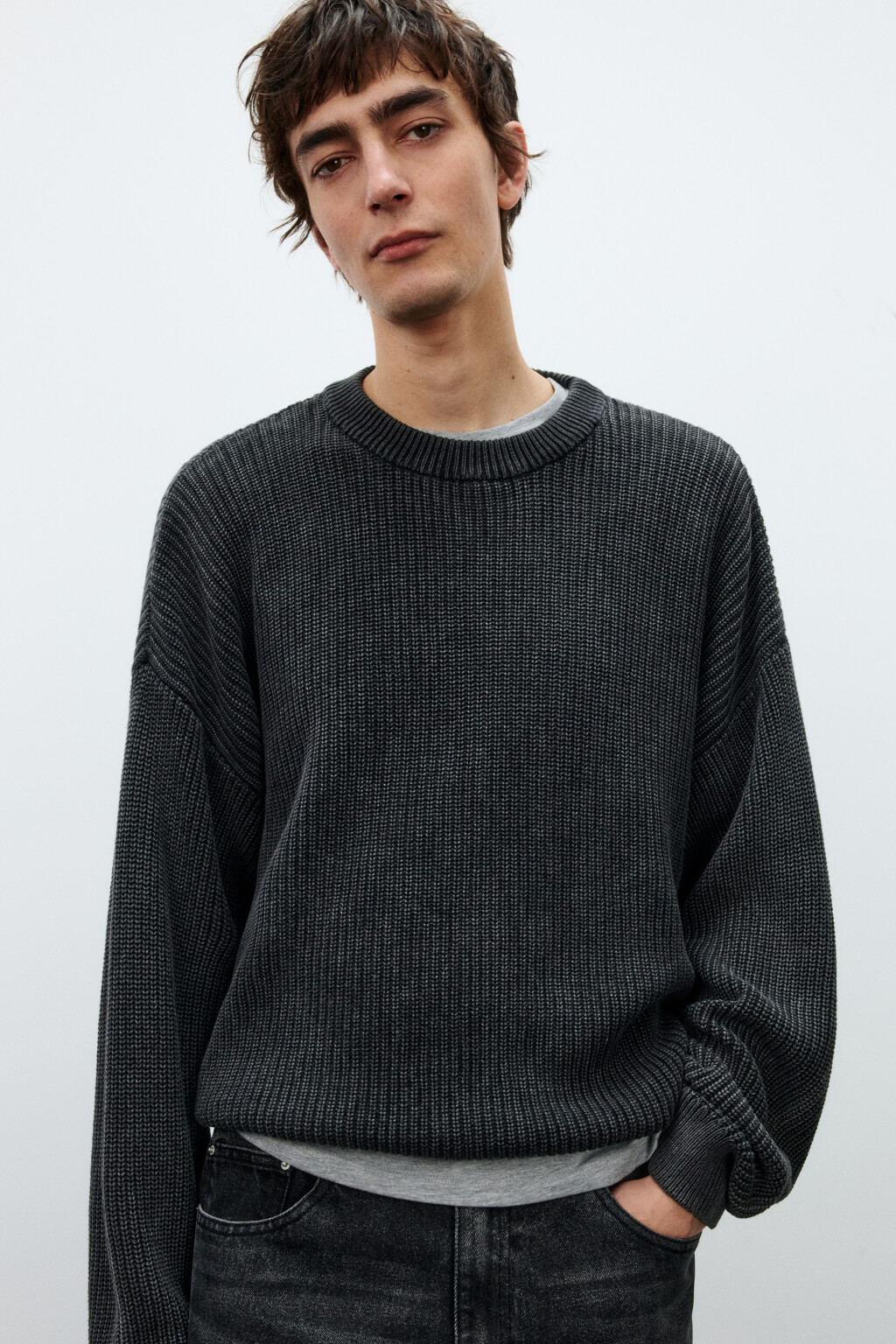 Джемпер вязаный с вареным эффектом - цвет черный - 1