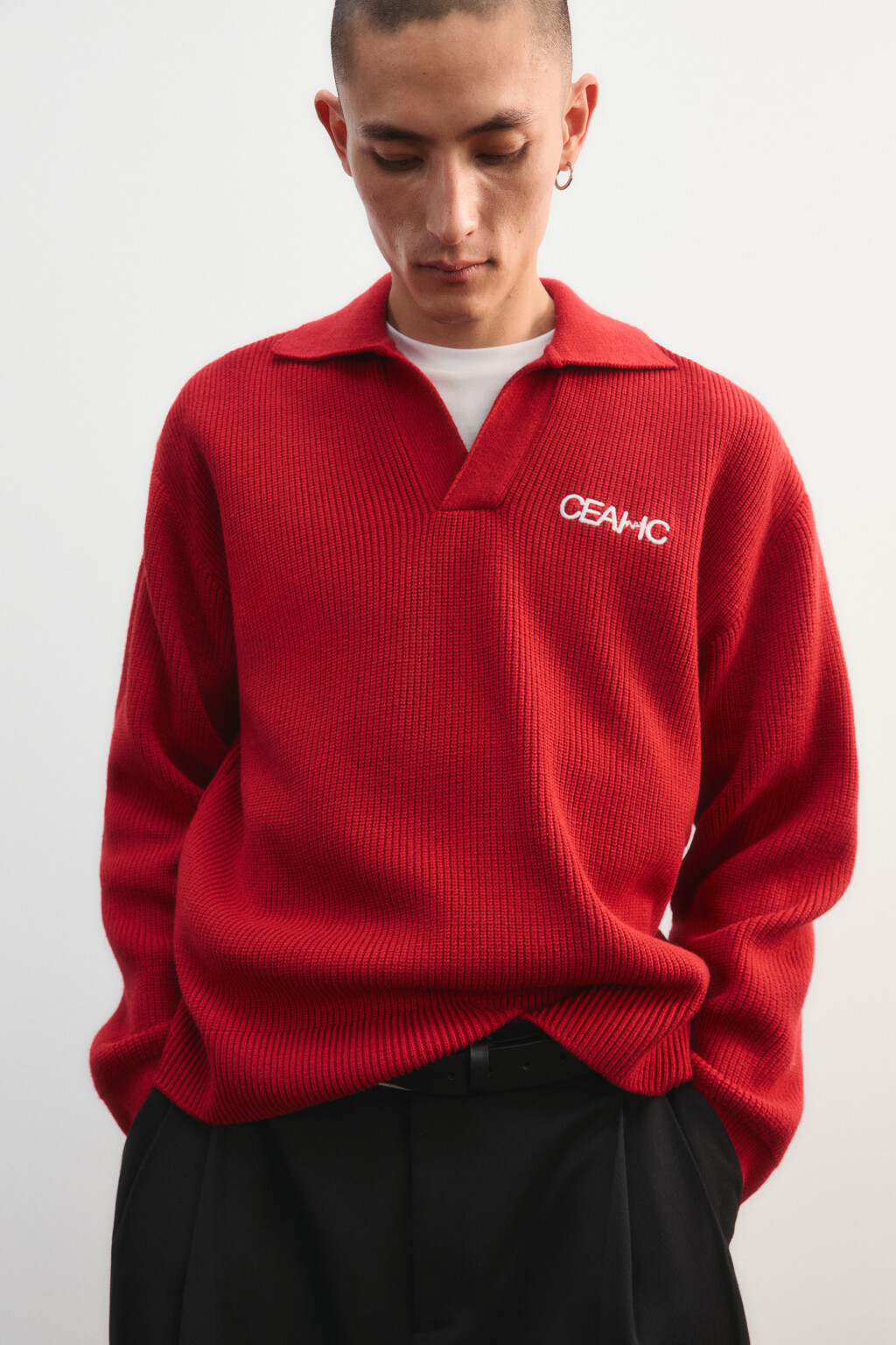 Джемпер-поло вязаный с вышивкой - цвет красный - 1