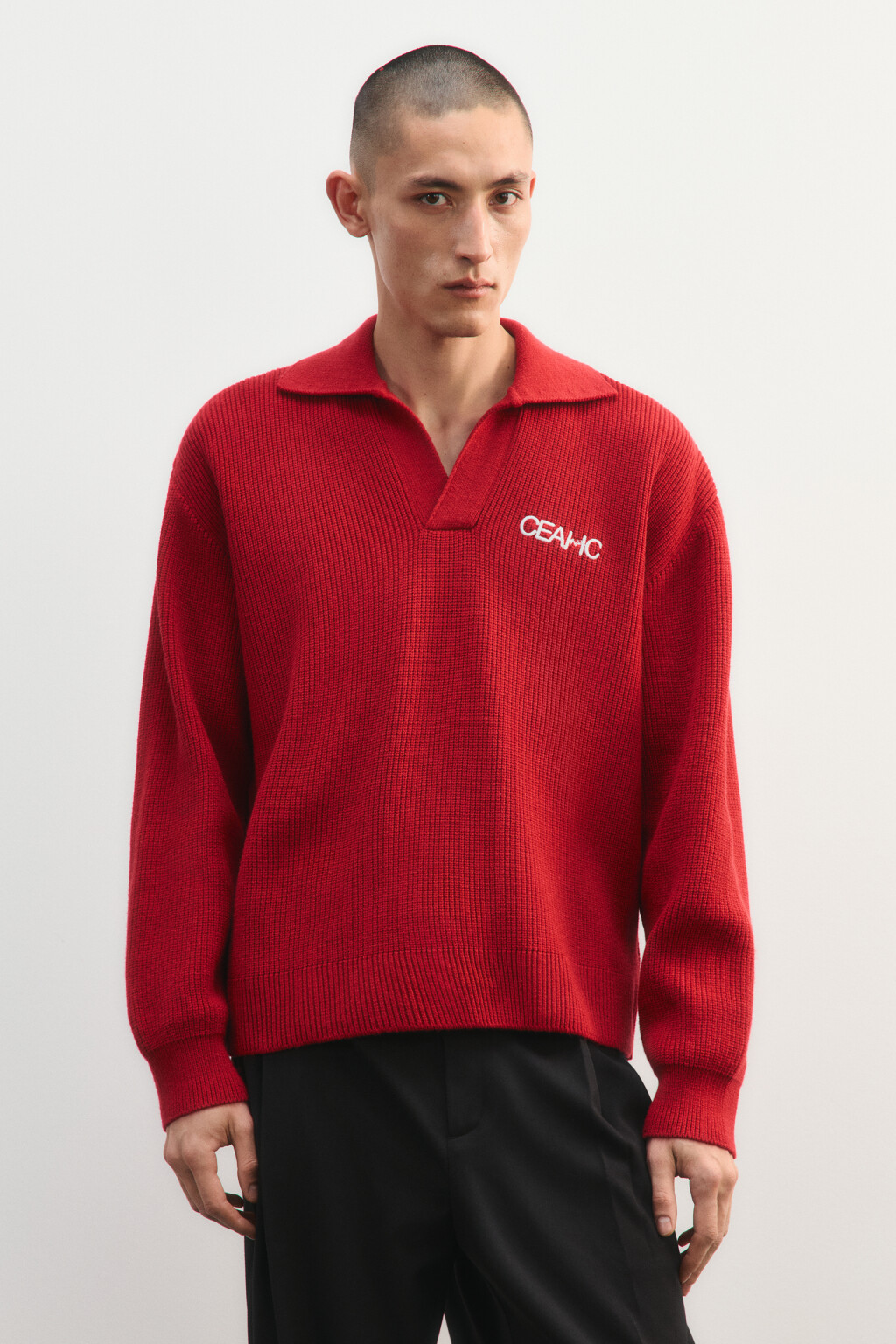 Джемпер-поло вязаный с вышивкой - цвет красный - 2