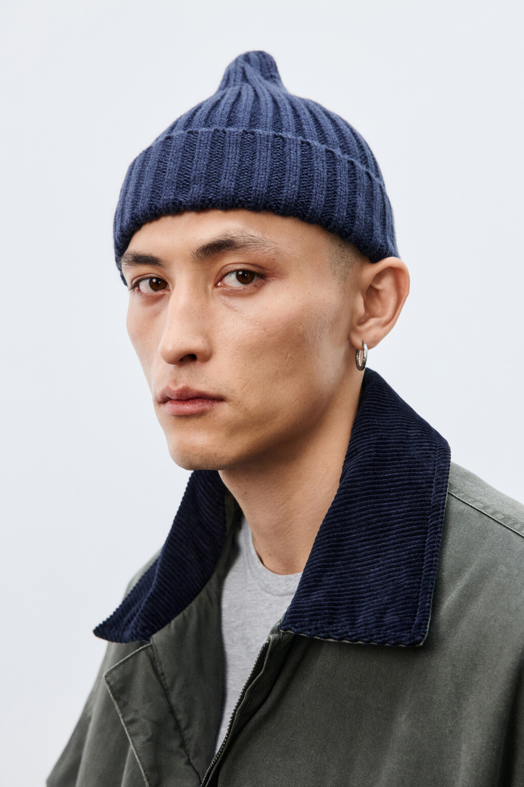 Шапка-бини вязаная в рубчик - цвет синий - 1