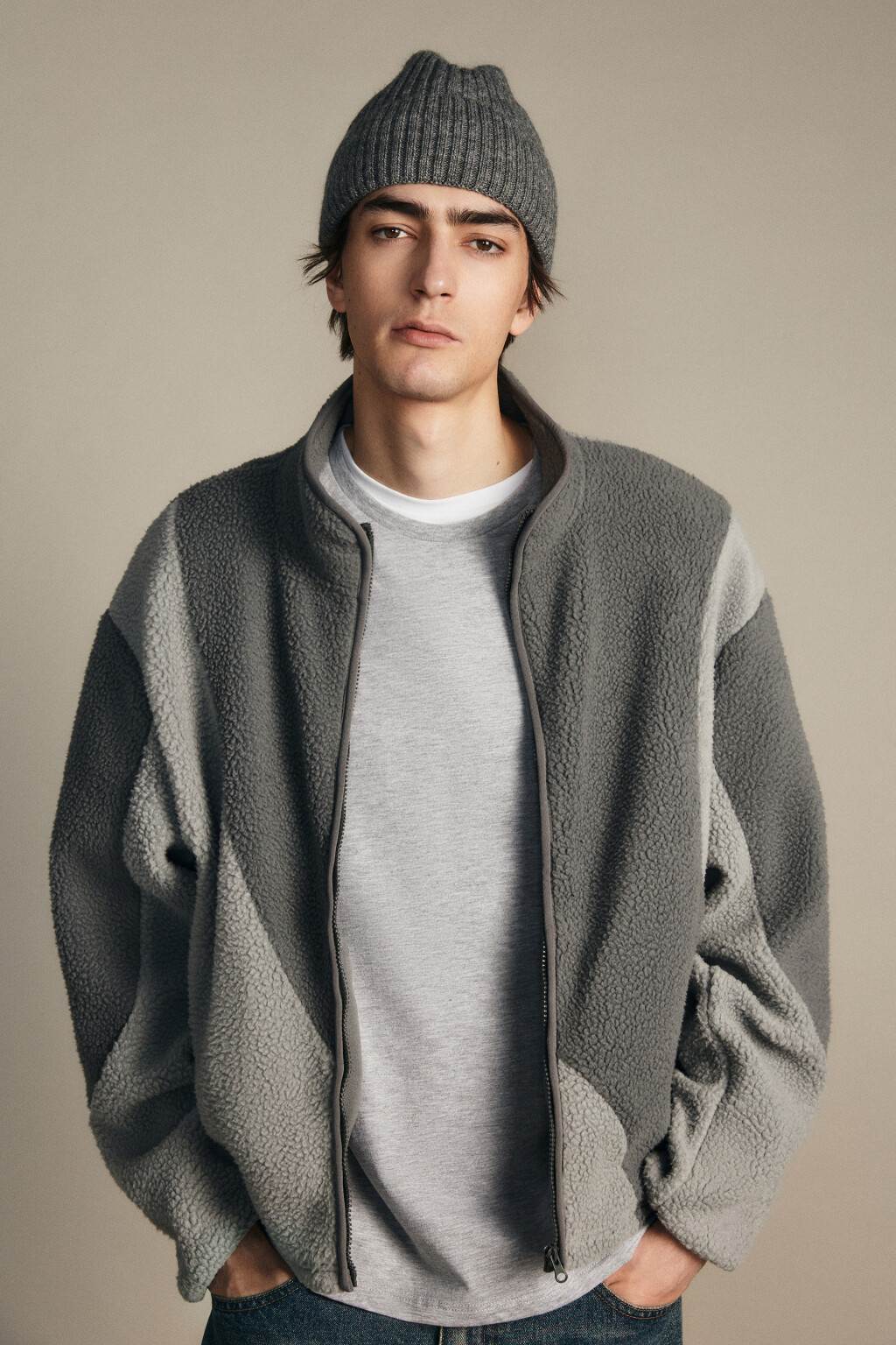 Шапка-бини шерстяная с утеплением - цвет серый - 2