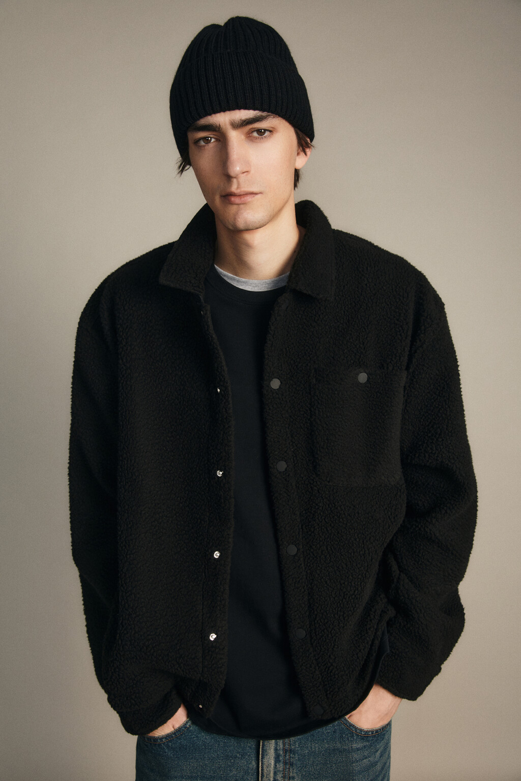 Шапка-бини шерстяная с утеплением - цвет черный - 1