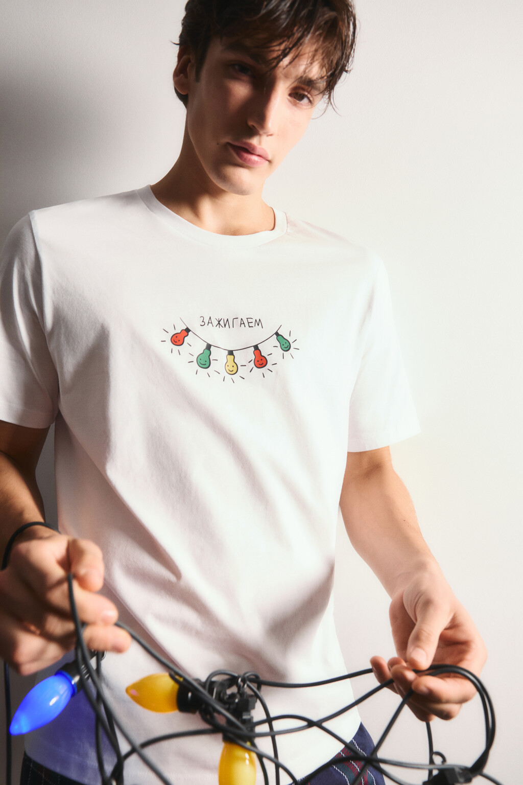 Футболка пижамная с новогодним принтом - цвет белый - 1