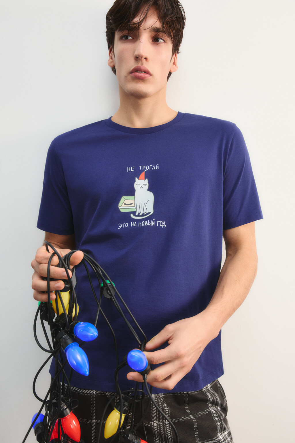 Футболка пижамная с новогодним принтом - цвет синий - 1