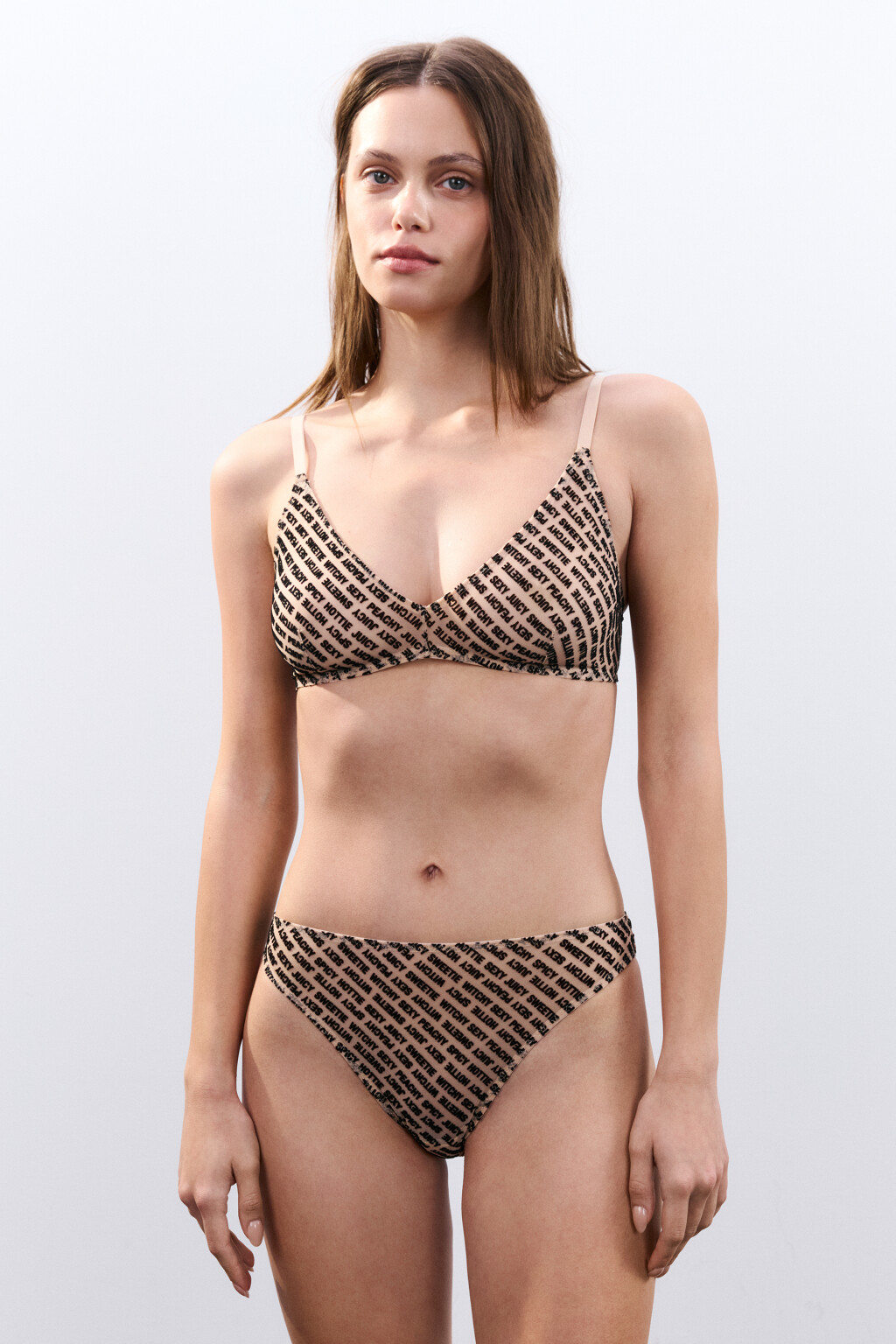 Бюстгальтер из сетки с бархатным принтом - цвет бежевый - 4