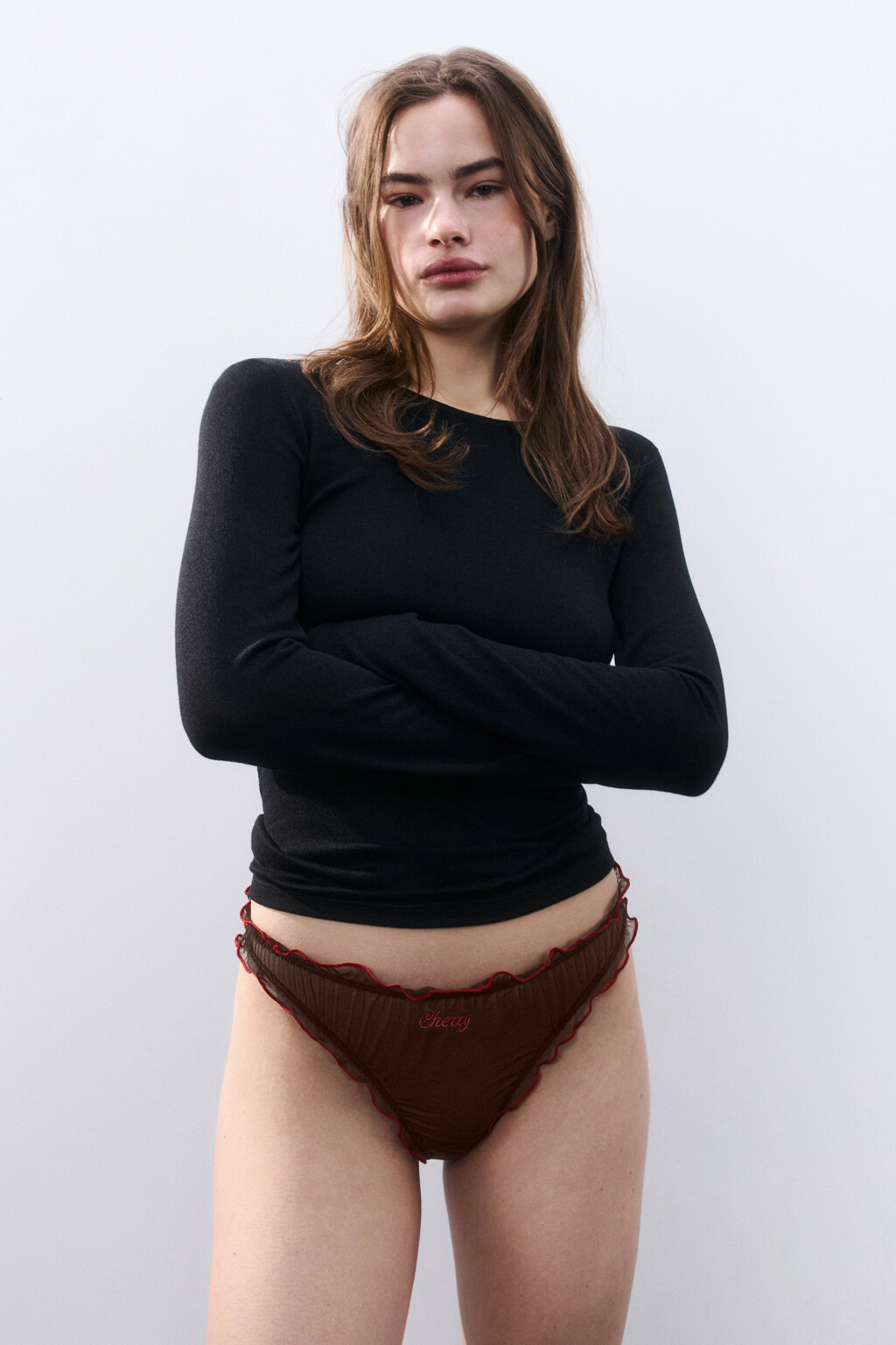 Трусы-стринги из сетки с оборками - цвет коричневый - 3