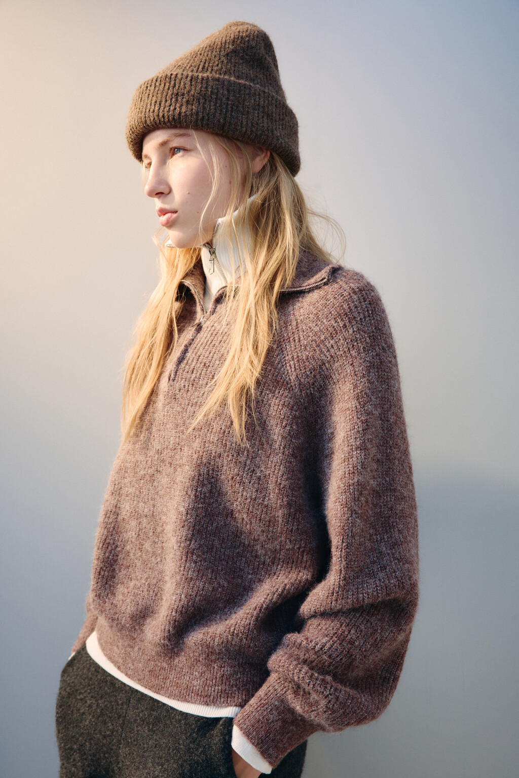 Шапка-бини трикотажная с шерстью - цвет коричневый - 1