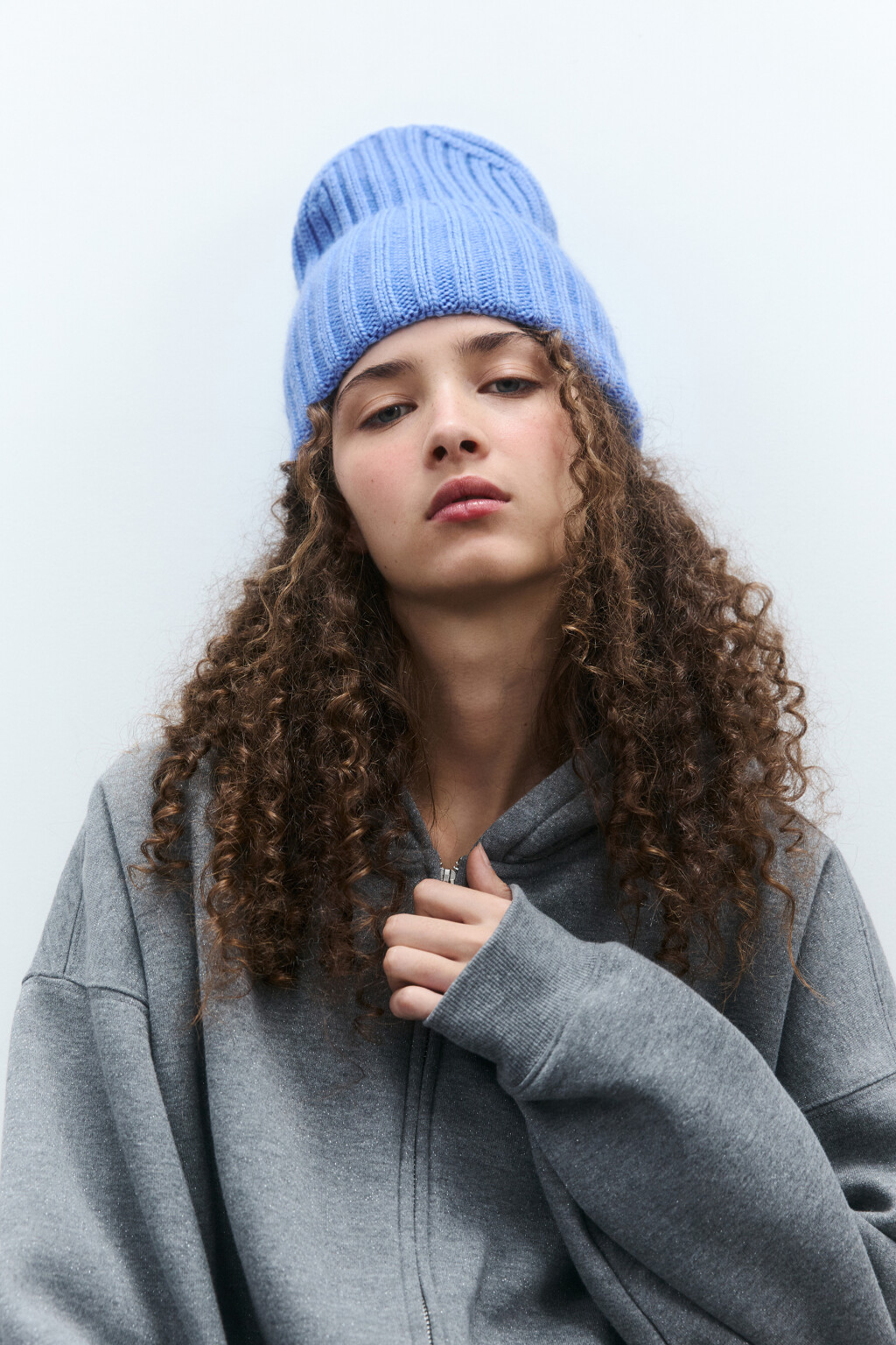 Шапка-бини шерстяная в рубчик - цвет голубой - 1
