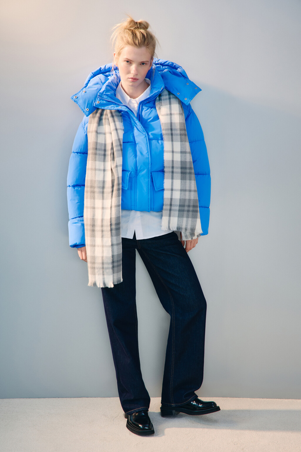 Шарф в клетку с бахромой - цвет серый - 1