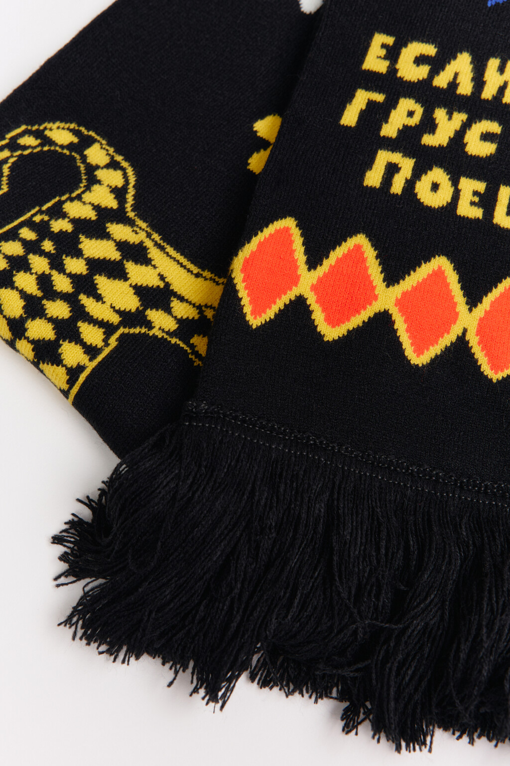 Шарф с принтом и бахромой - цвет черный - 5