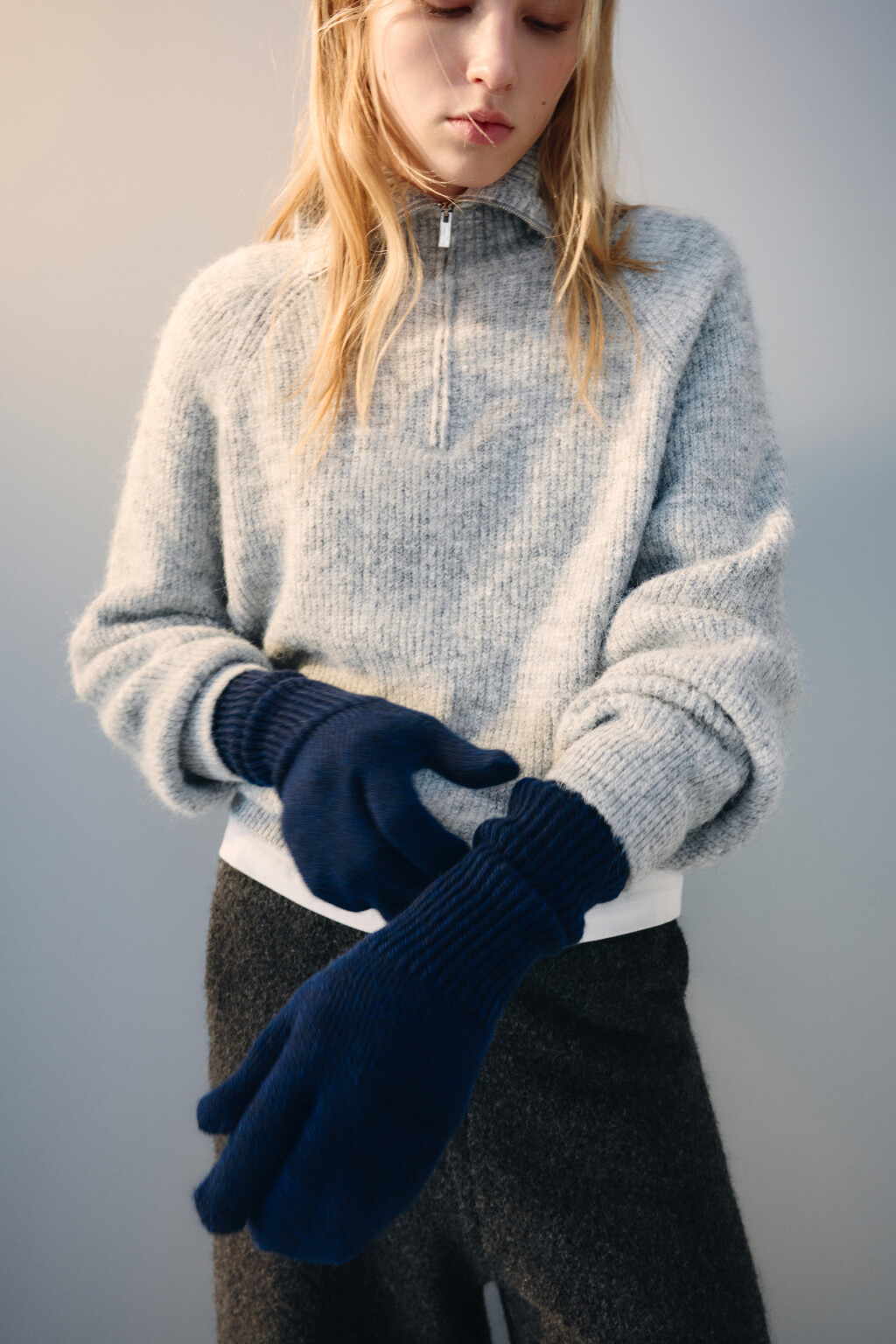 Варежки-перчатки трикотажные с шерстью - цвет синий - 2