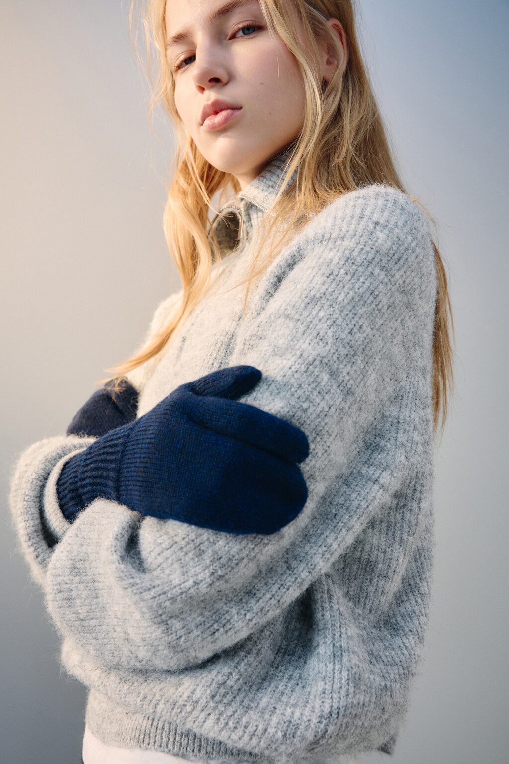 Варежки-перчатки трикотажные с шерстью - цвет синий - 1