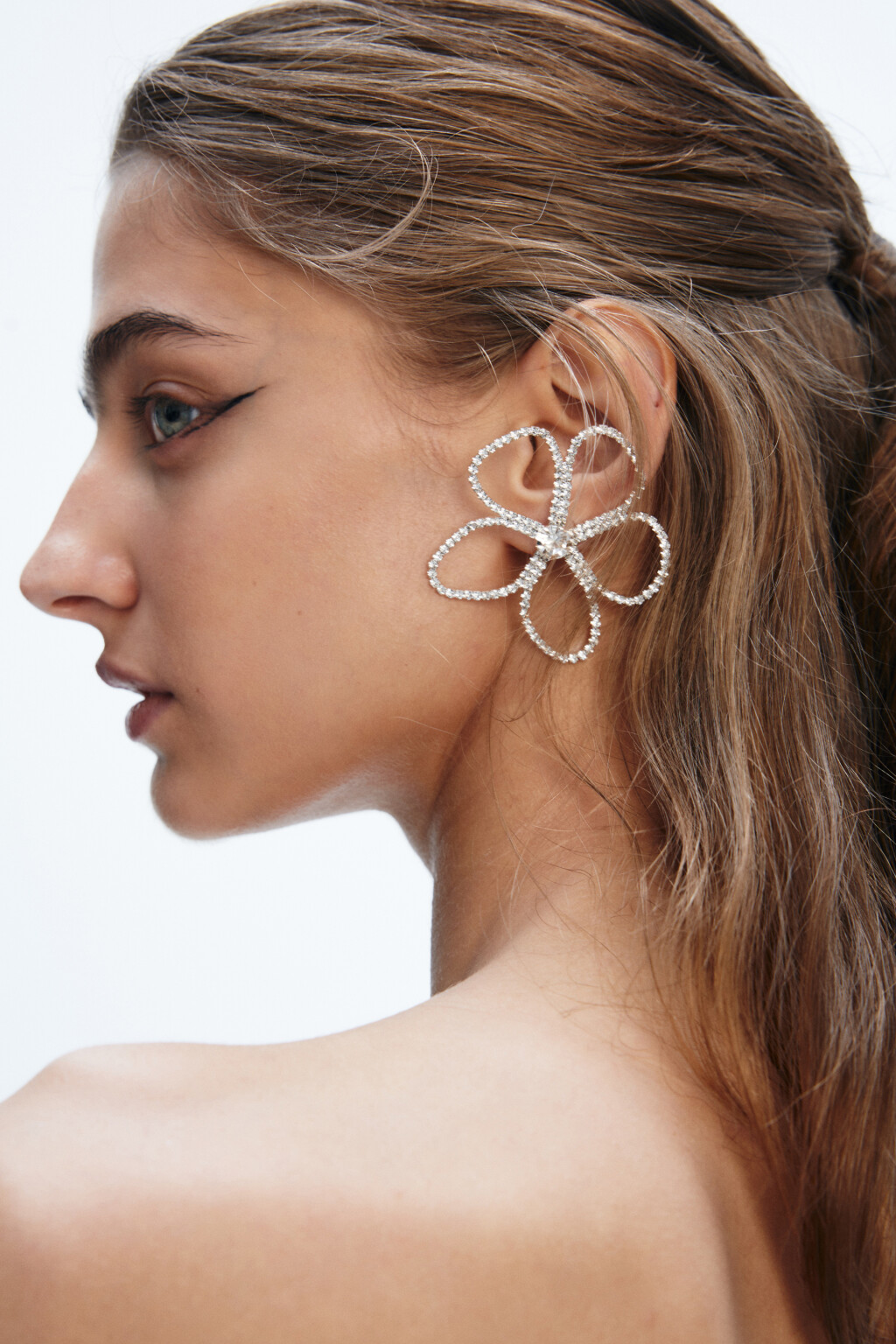 Серьги-цветки со стразами - цвет серый - 2