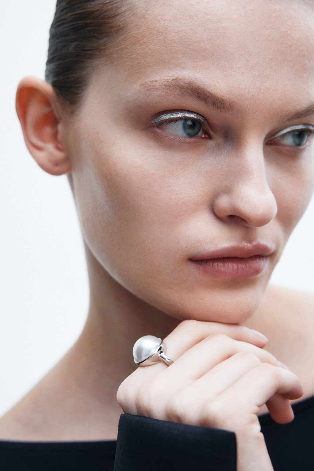 Кольцо с жемчужной вставкой - цвет серый - 1