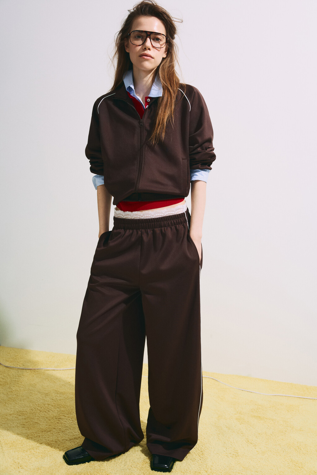 Брюки straight fit с кружевным поясом - цвет коричневый - 3