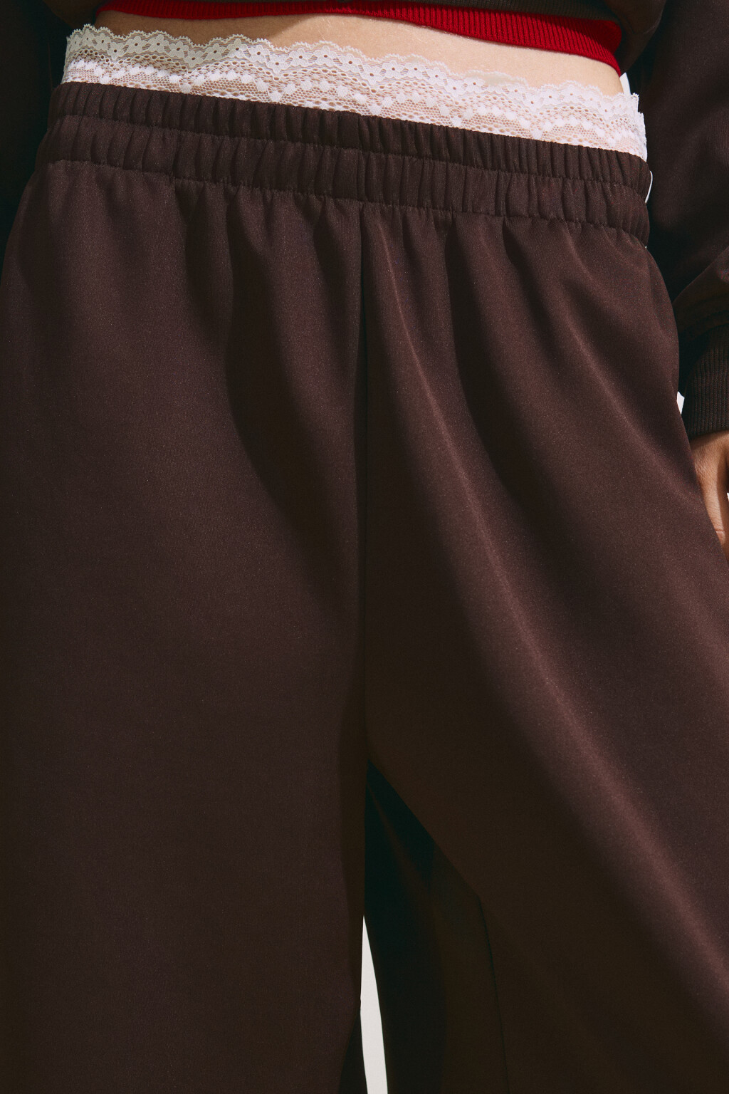 Брюки straight fit с кружевным поясом - цвет коричневый - 7