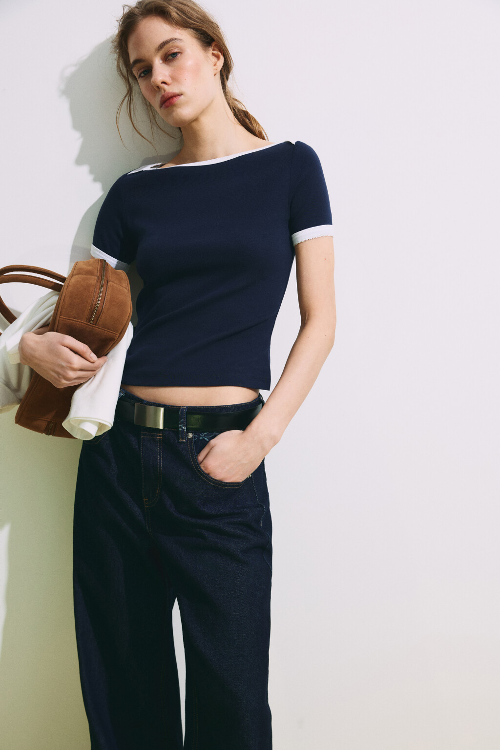 Футболка облегающая с вырезом-лодочкой - цвет синий - 1