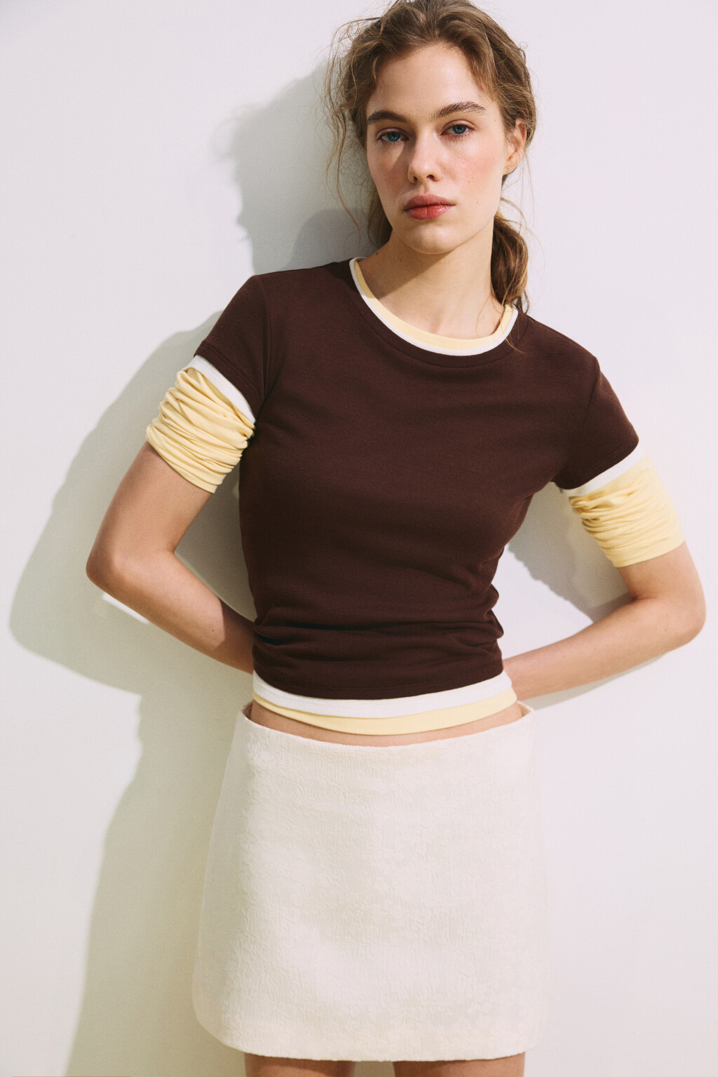 Футболка облегающая с имитацией второго слоя - цвет коричневый - 1