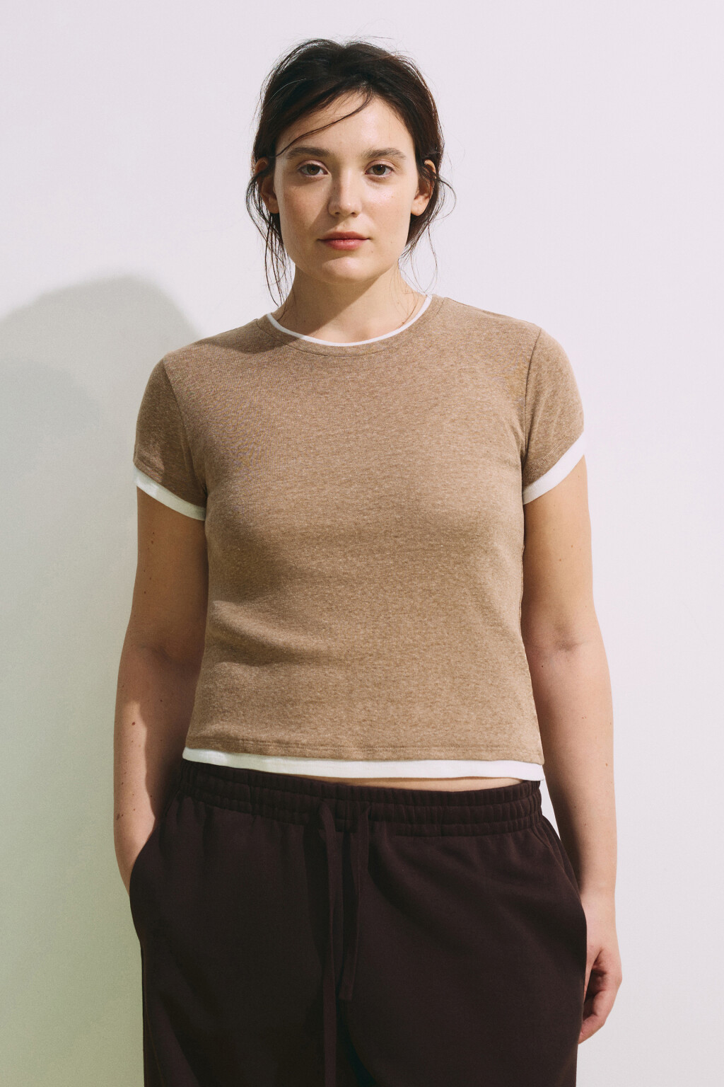 Футболка облегающая с имитацией второго слоя - цвет бежевый - 2