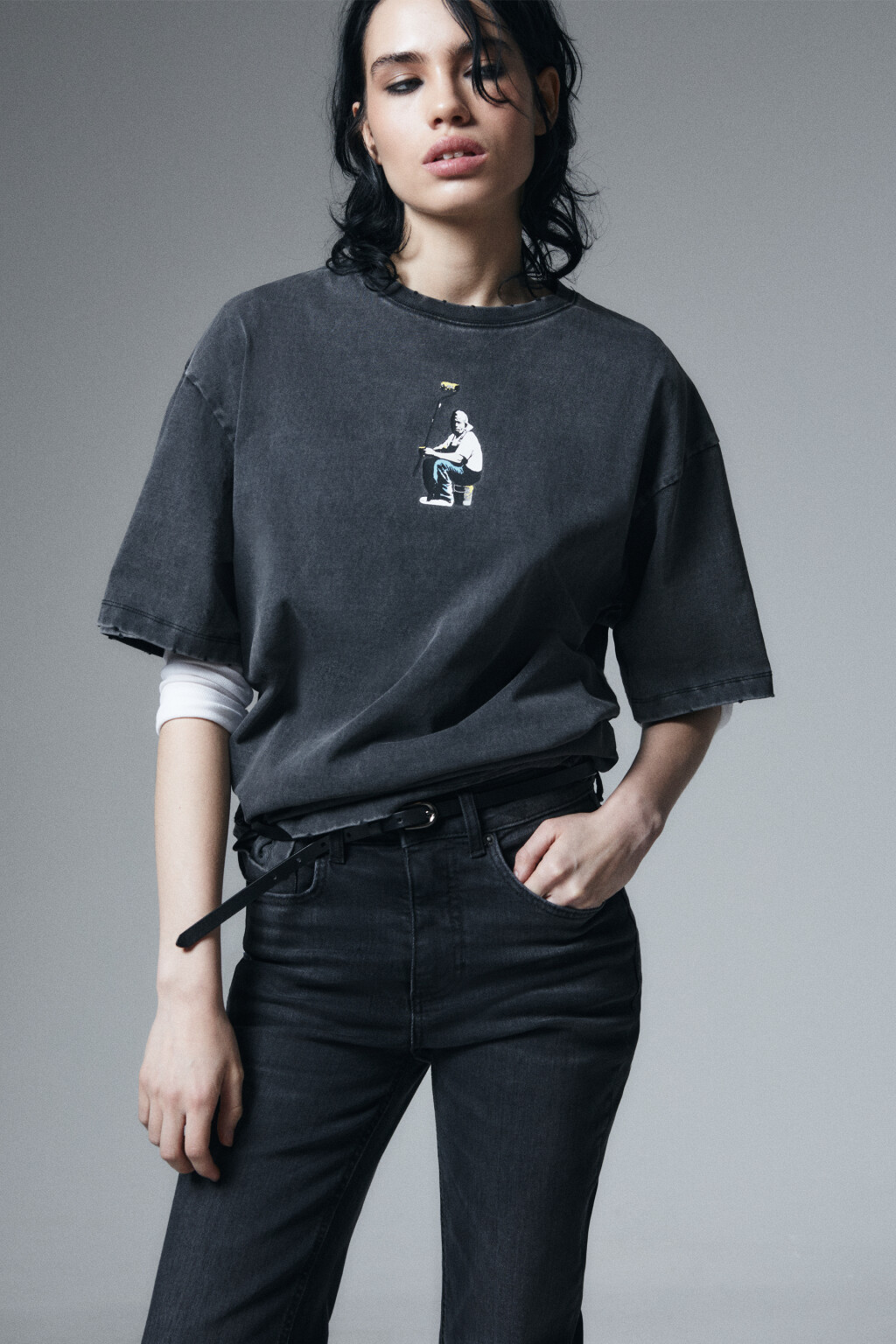 Футболка хлопковая oversize с принтом - цвет серый - 2