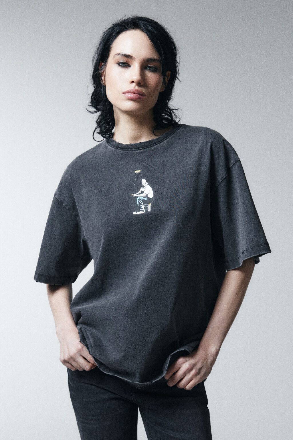 Футболка хлопковая oversize с принтом - цвет серый - 3