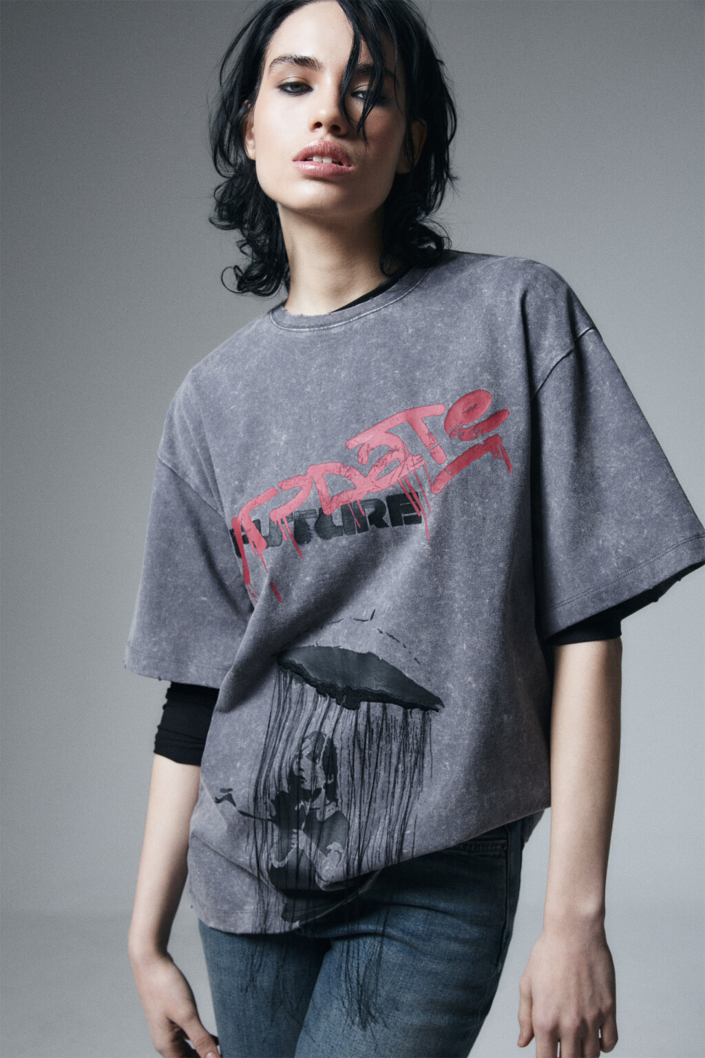 Футболка хлопковая oversize с принтом - цвет серый - 1