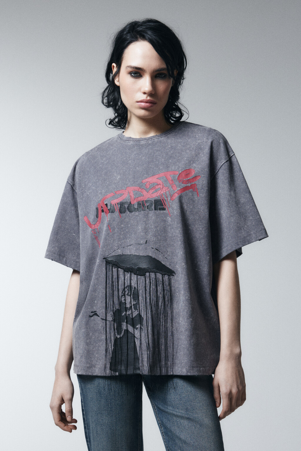 Футболка хлопковая oversize с принтом - цвет серый - 2