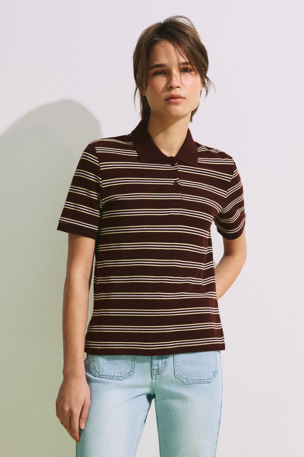 Футболка-поло хлопковая в полоску - цвет коричневый - 3