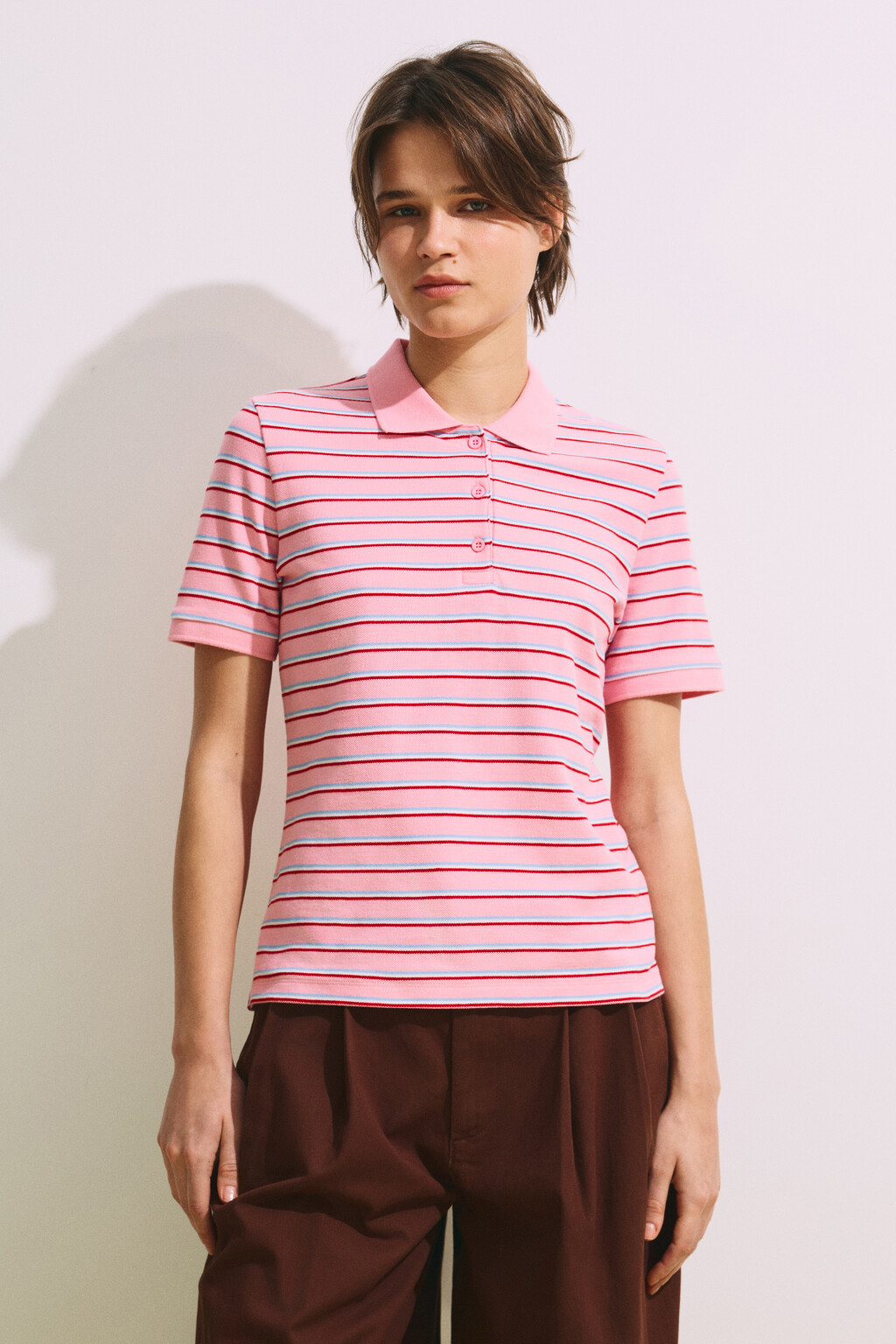 Футболка-поло хлопковая в полоску - цвет розовый - 2
