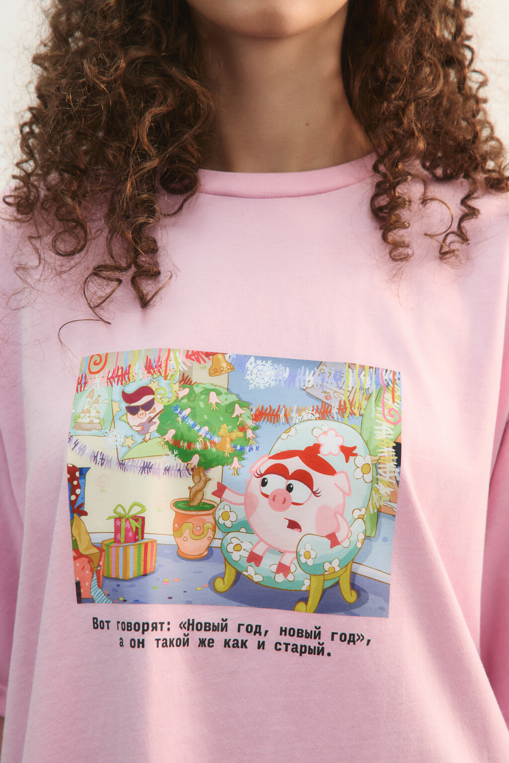 Футболка хлопковая oversize с новогодним принтом - цвет розовый - 6