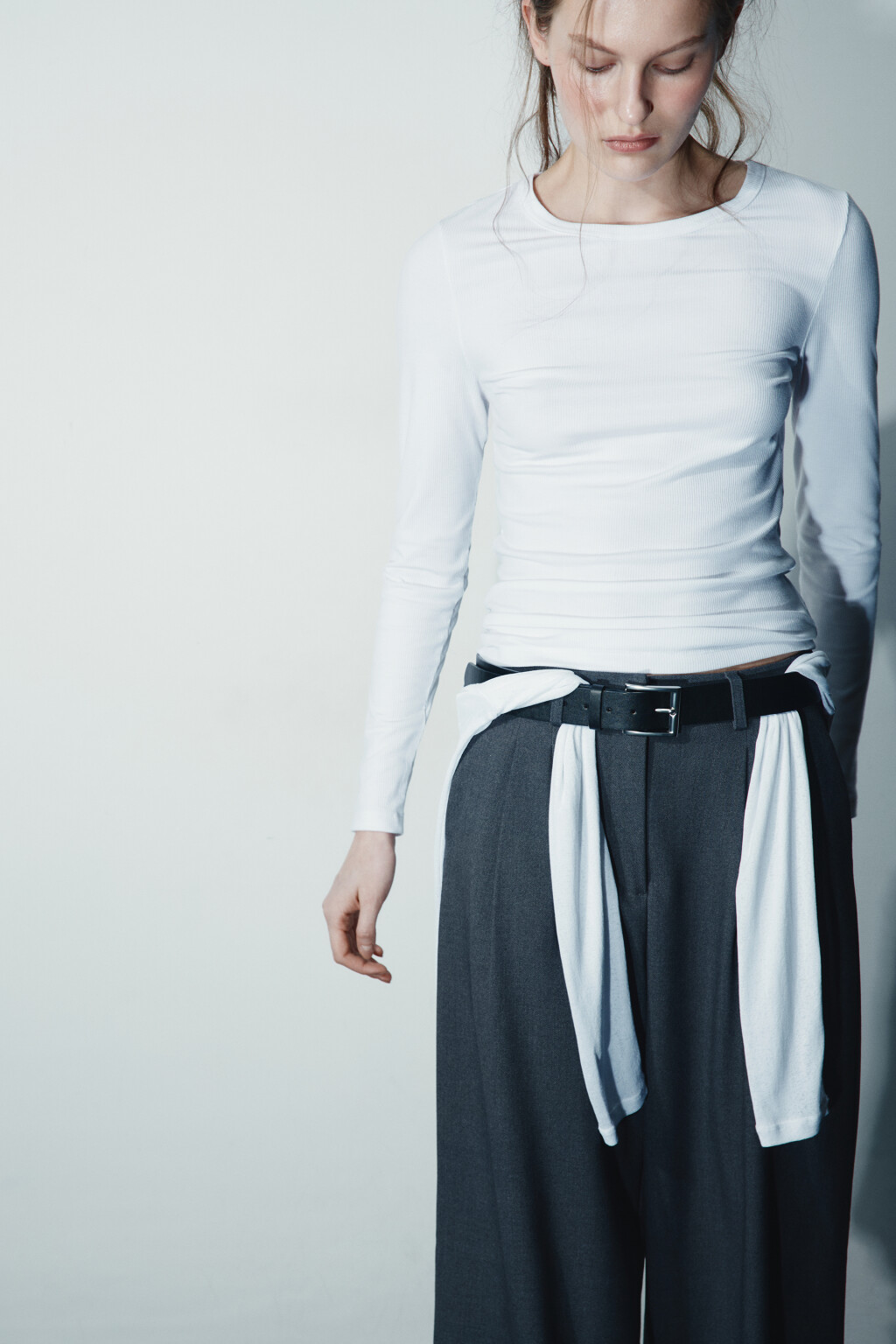 Лонгслив облегающий в рубчик - цвет белый - 1