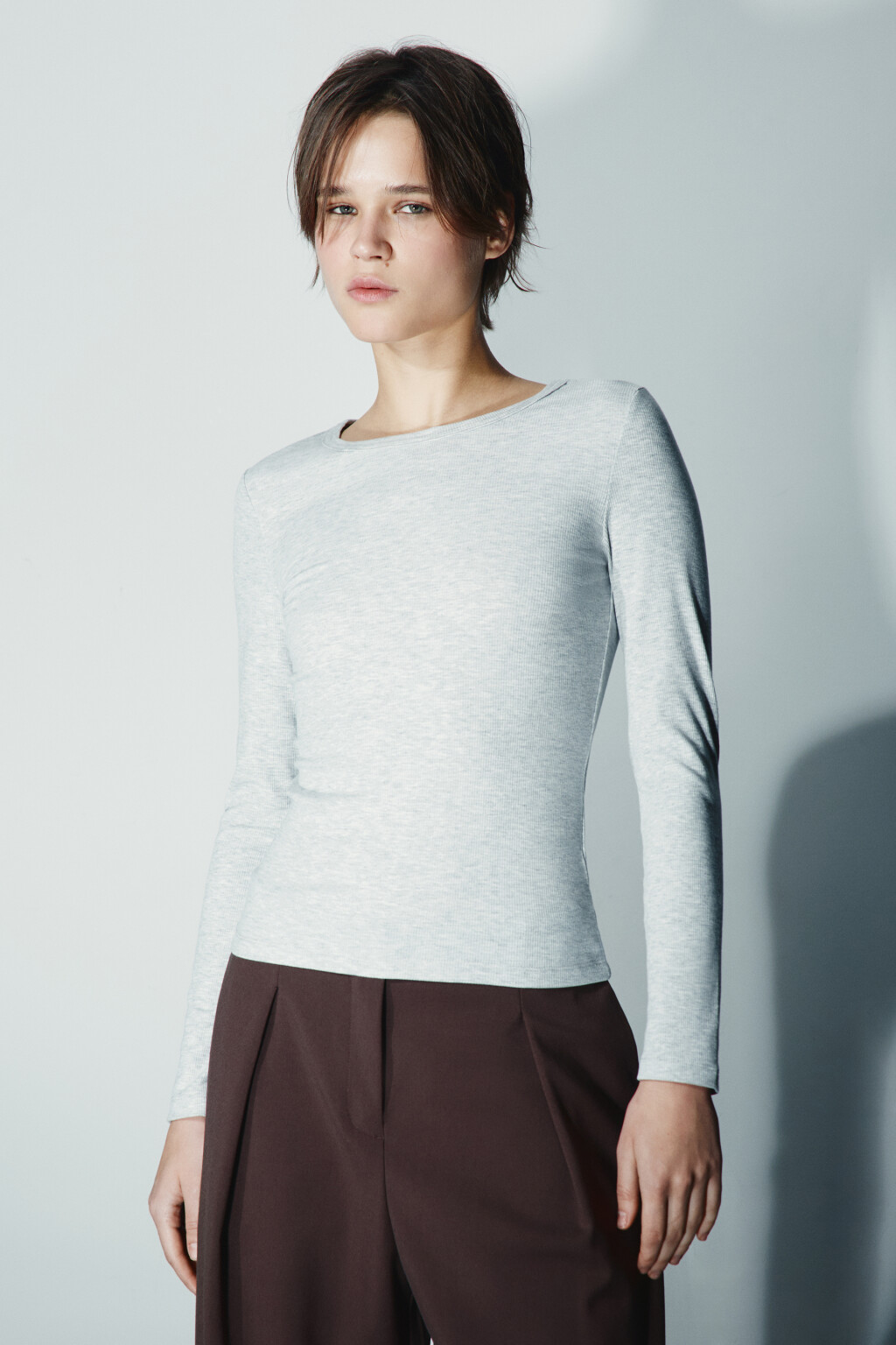 Лонгслив облегающий в рубчик - цвет серый - 3