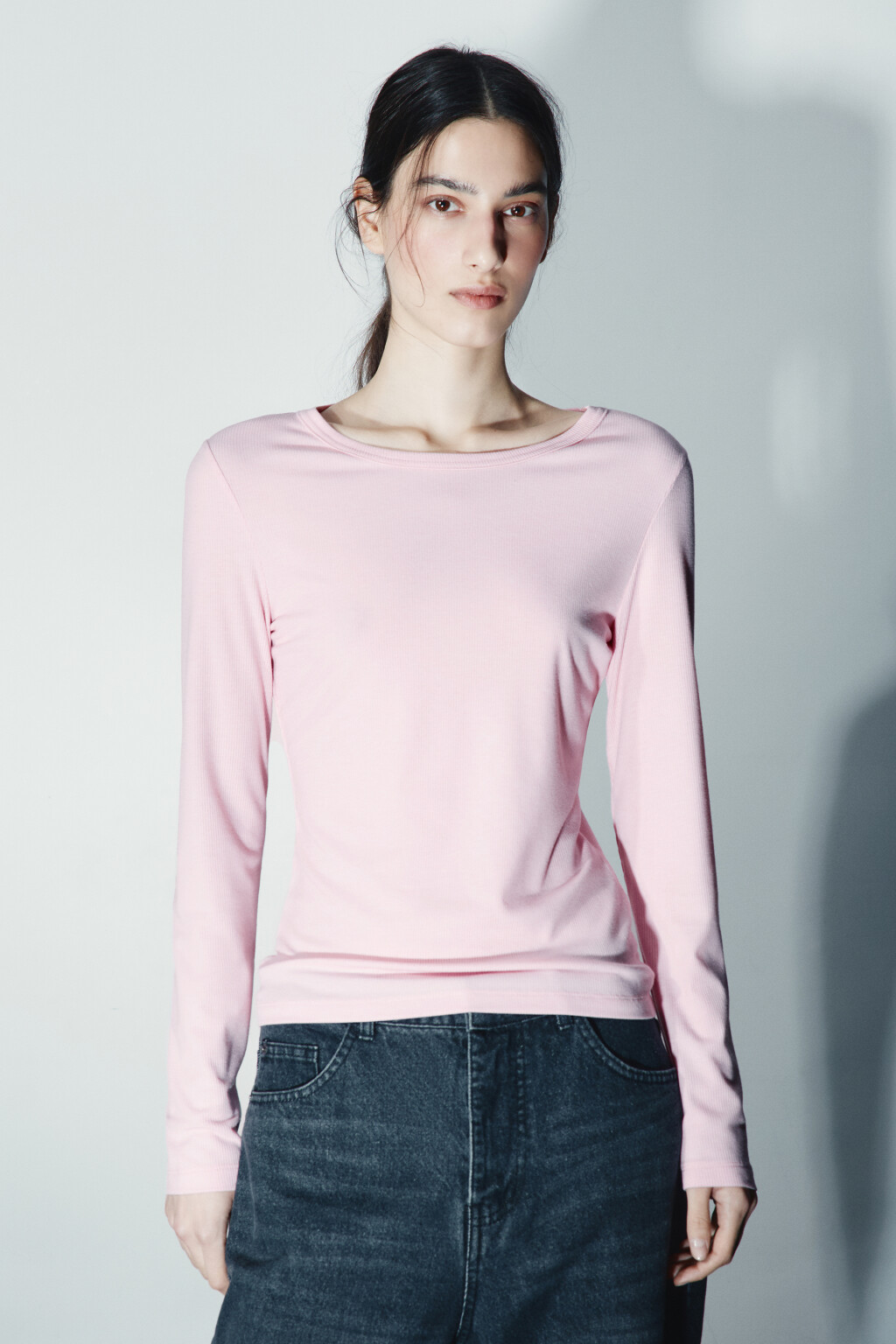 Лонгслив облегающий в рубчик - цвет розовый - 2