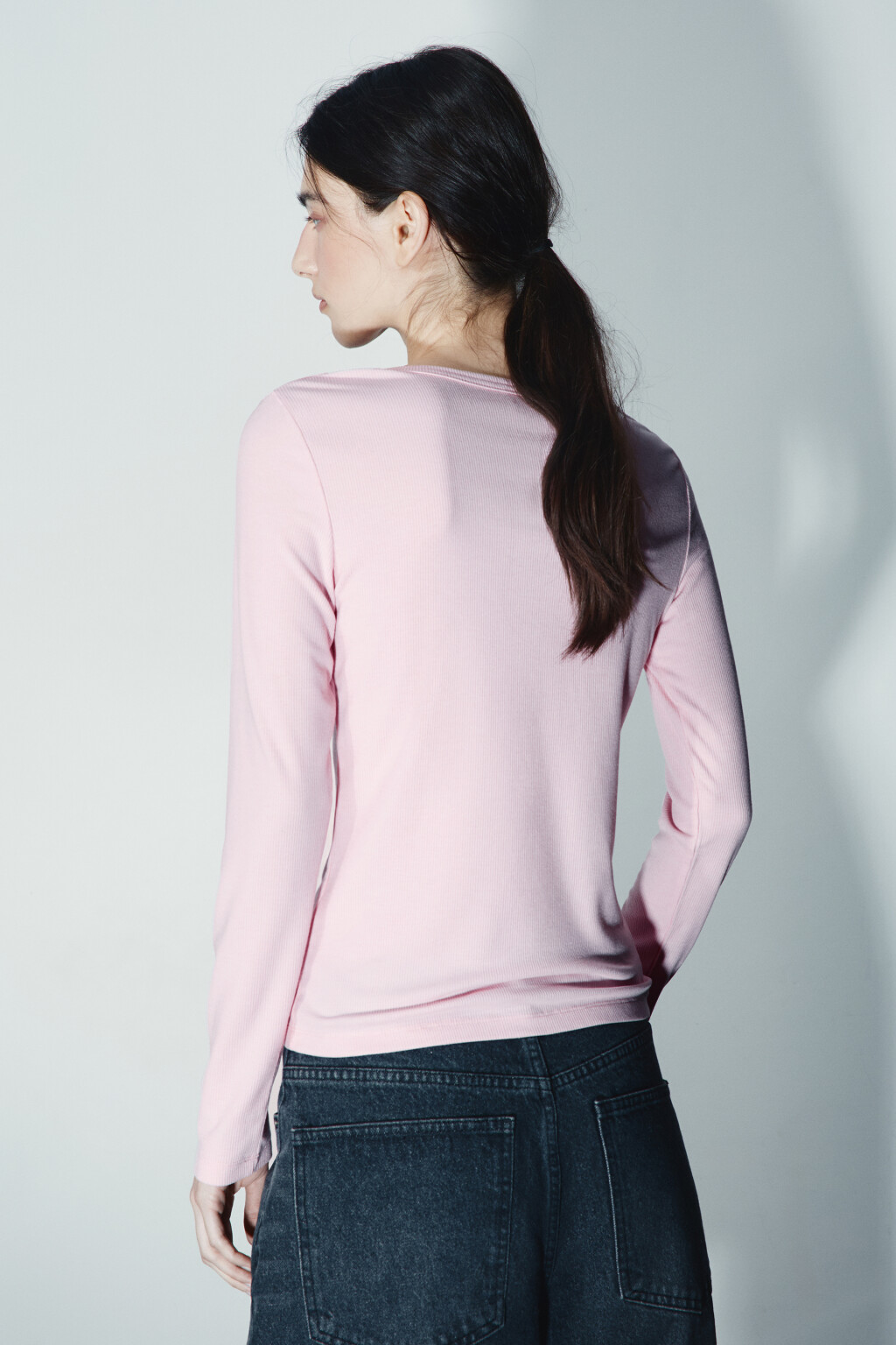 Лонгслив облегающий в рубчик - цвет розовый - 3