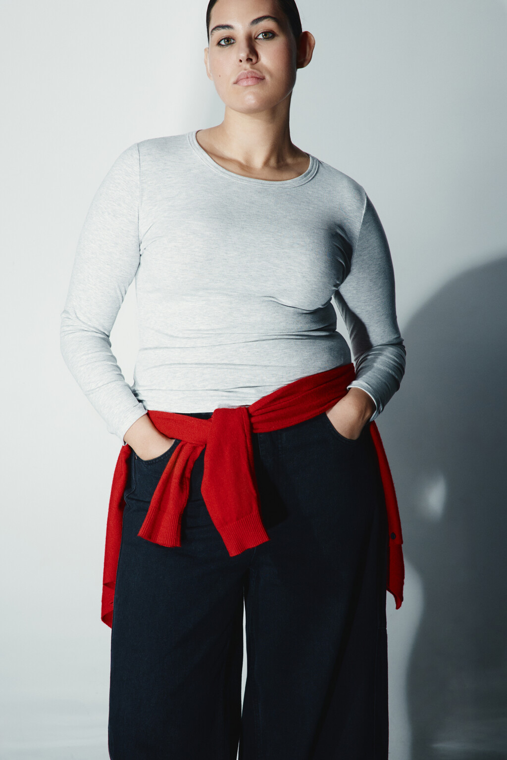 Лонгслив облегающий в рубчик - цвет серый - 1