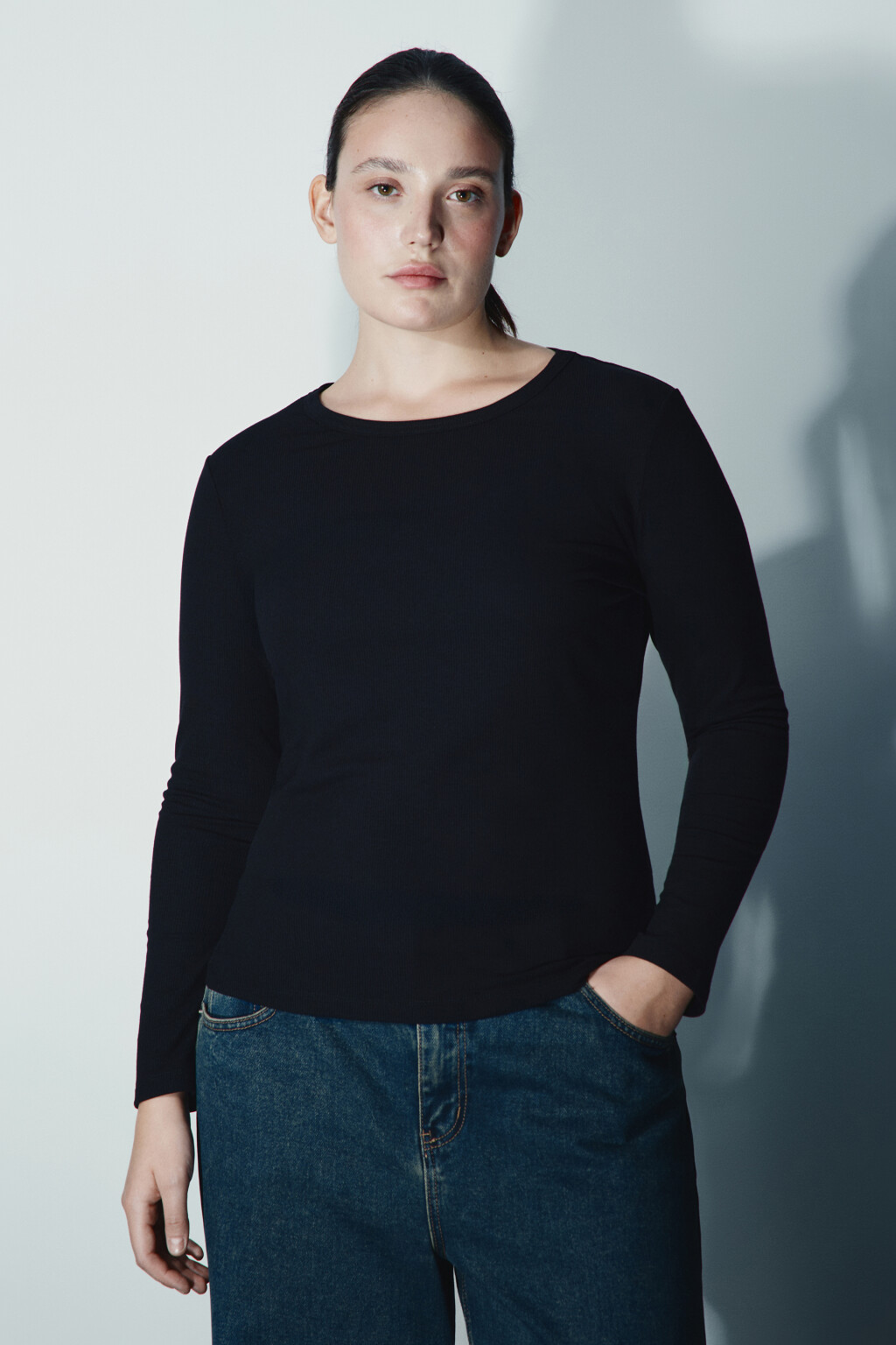 Лонгслив облегающий в рубчик - цвет черный - 2