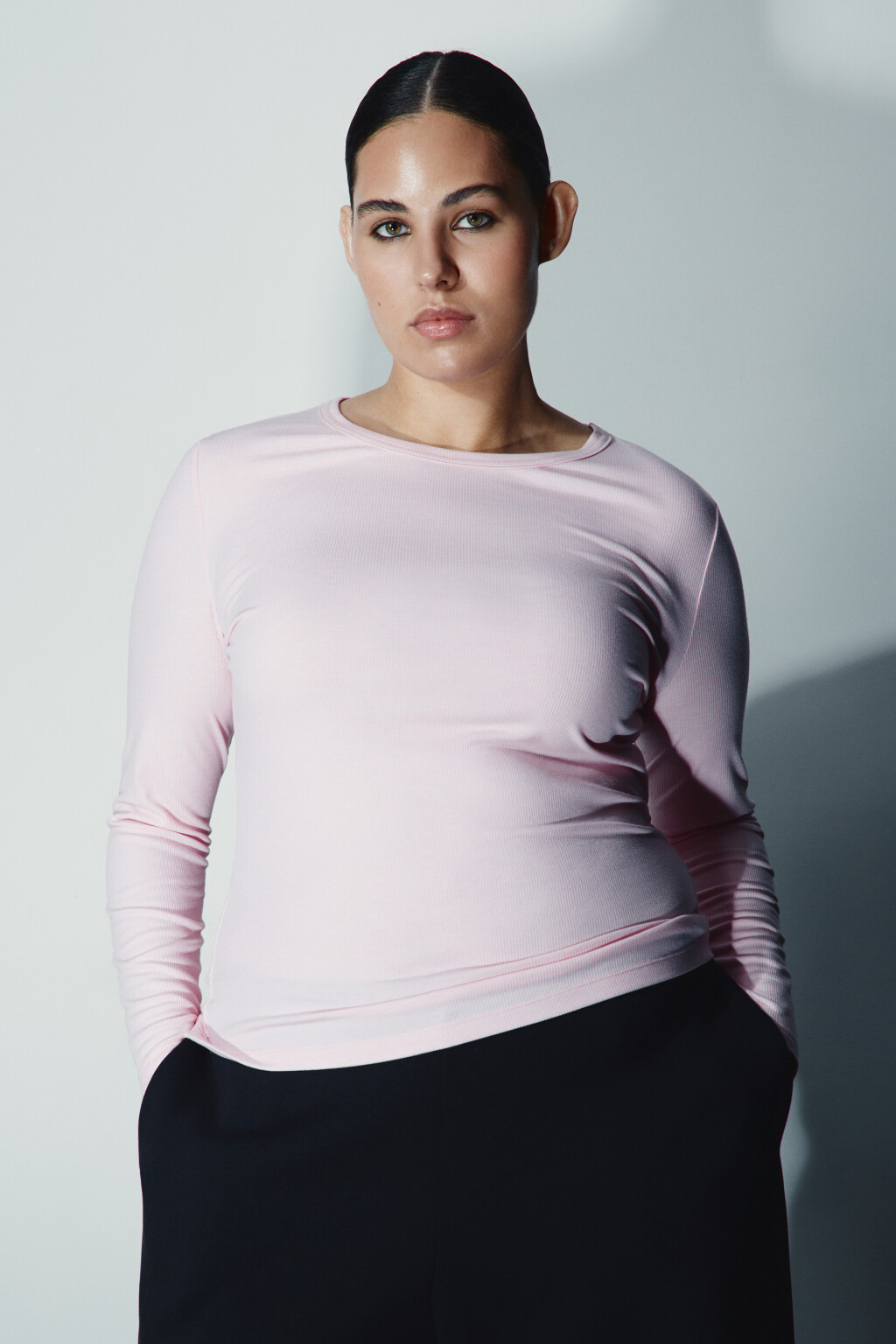 Лонгслив облегающий в рубчик - цвет розовый - 2