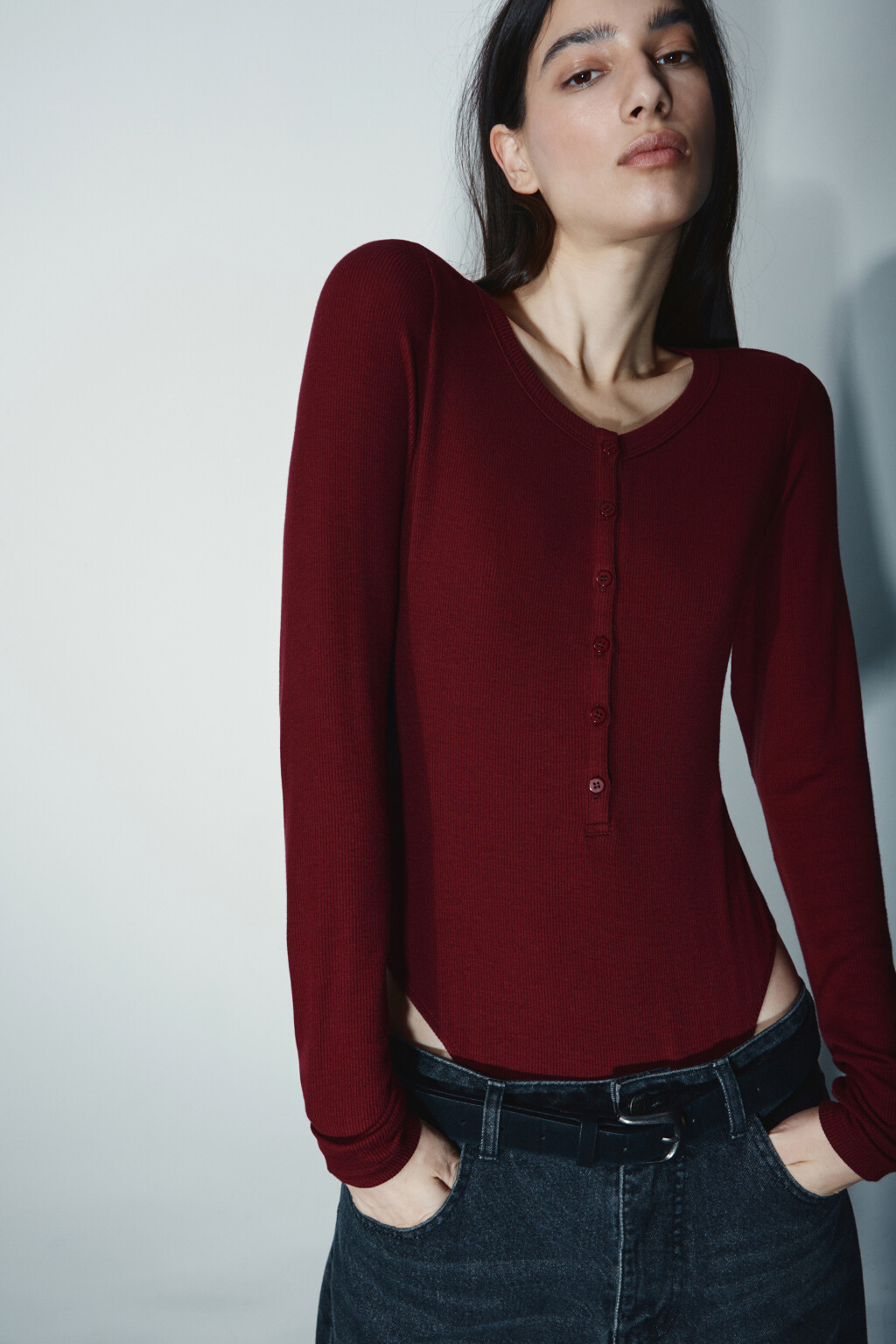 Боди-лонгслив с застежкой на груди - цвет бордовый - 1
