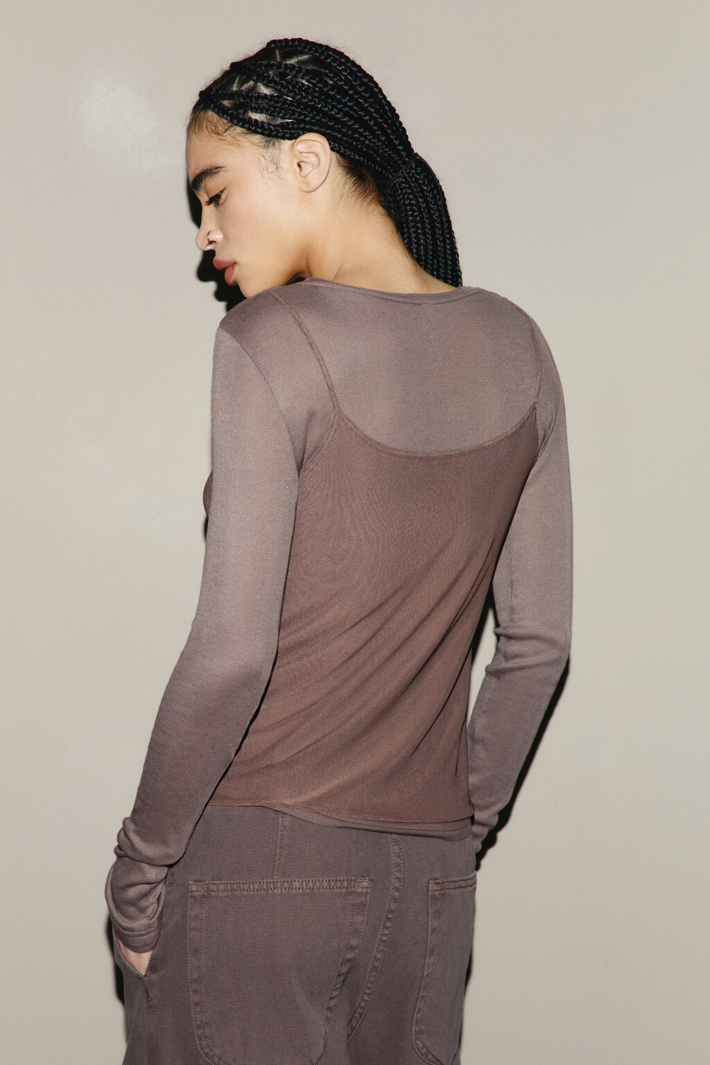 Лонгслив с имитацией майки - цвет коричневый - 4