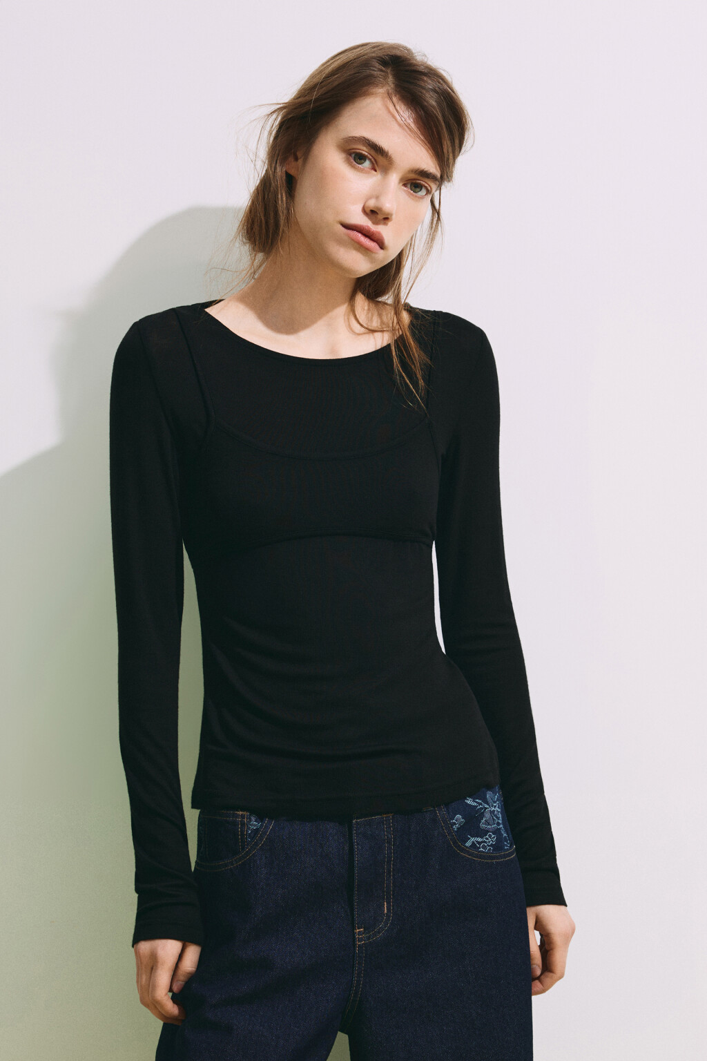 Лонгслив oversize с имитацией топа - цвет черный - 2