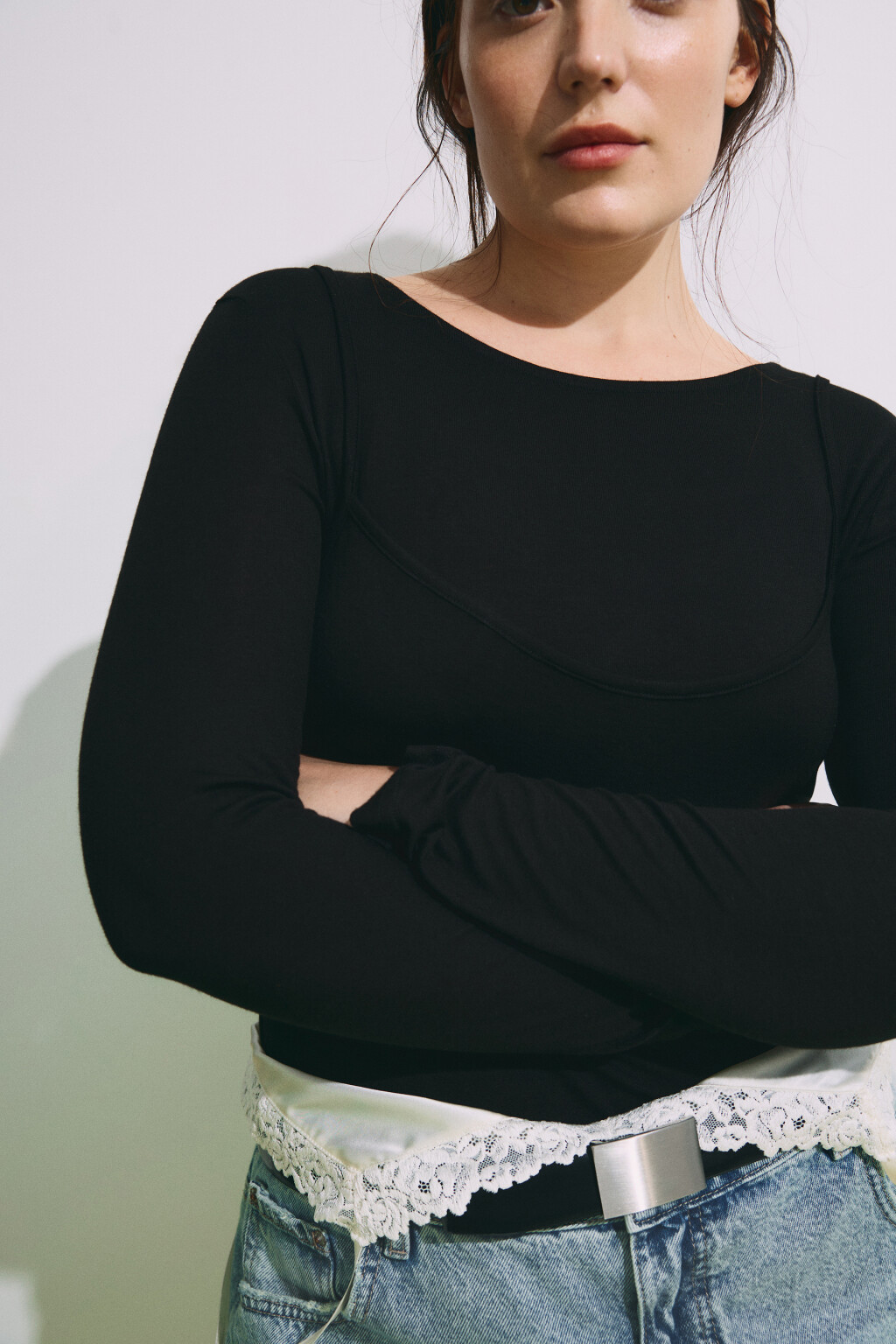 Лонгслив oversize с имитацией топа - цвет черный - 2