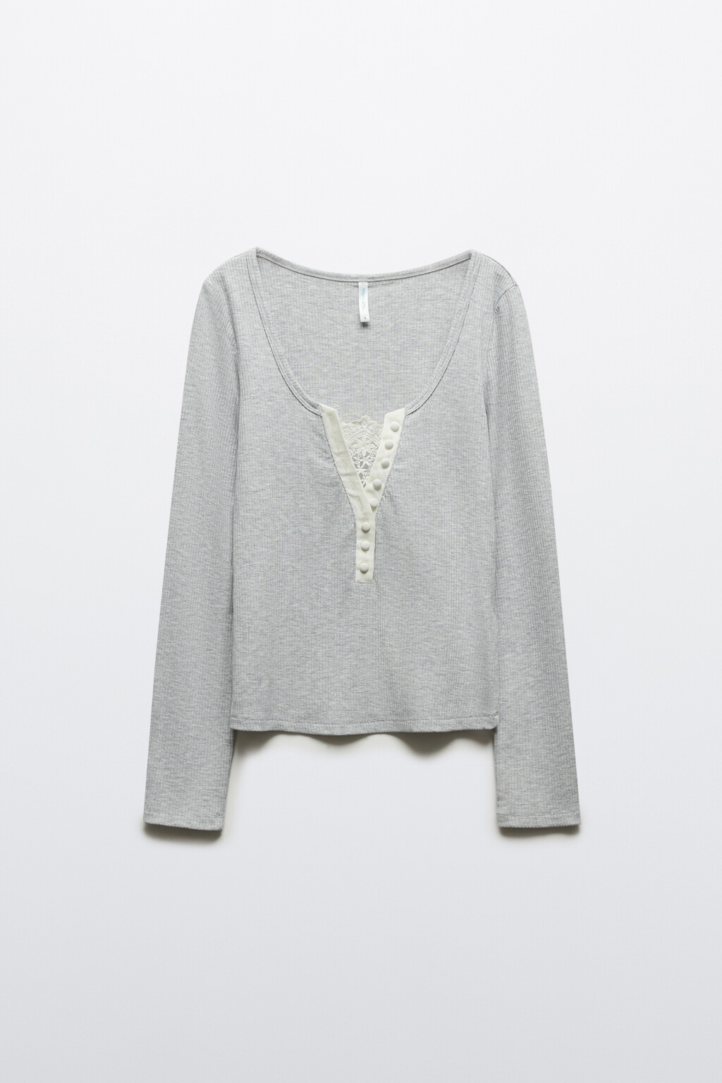 Лонгслив облегающий в рубчик с кружевной вставкой - цвет серый - 1